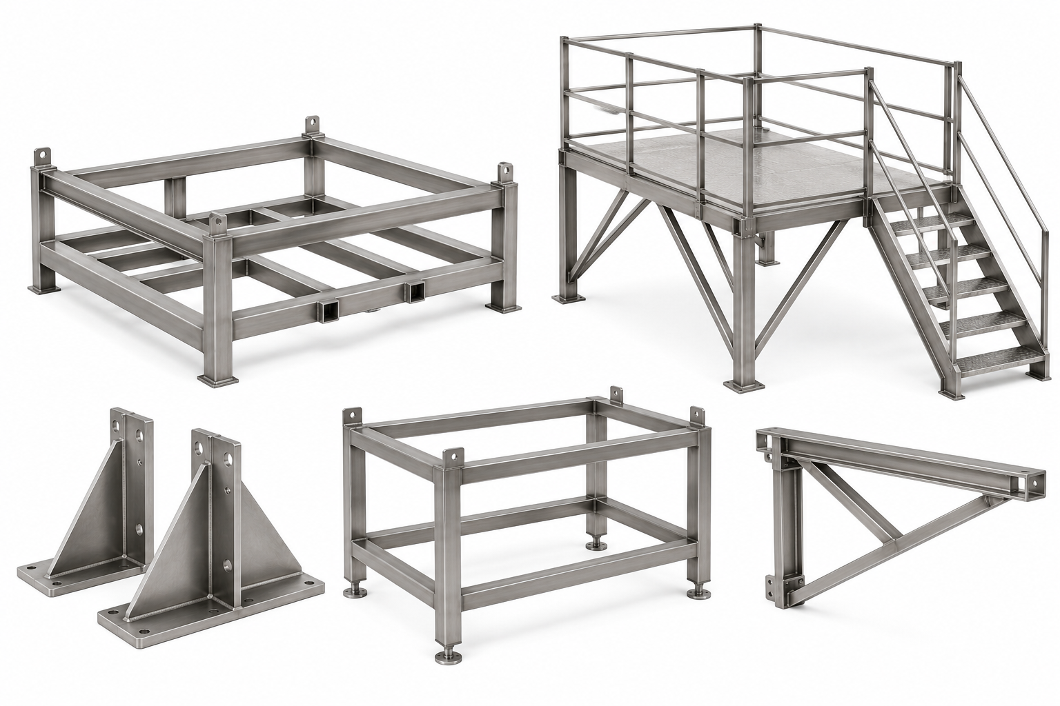 Various stainless steel industrial platform and support frame components including stairs with railings, base supports, and structural brackets.