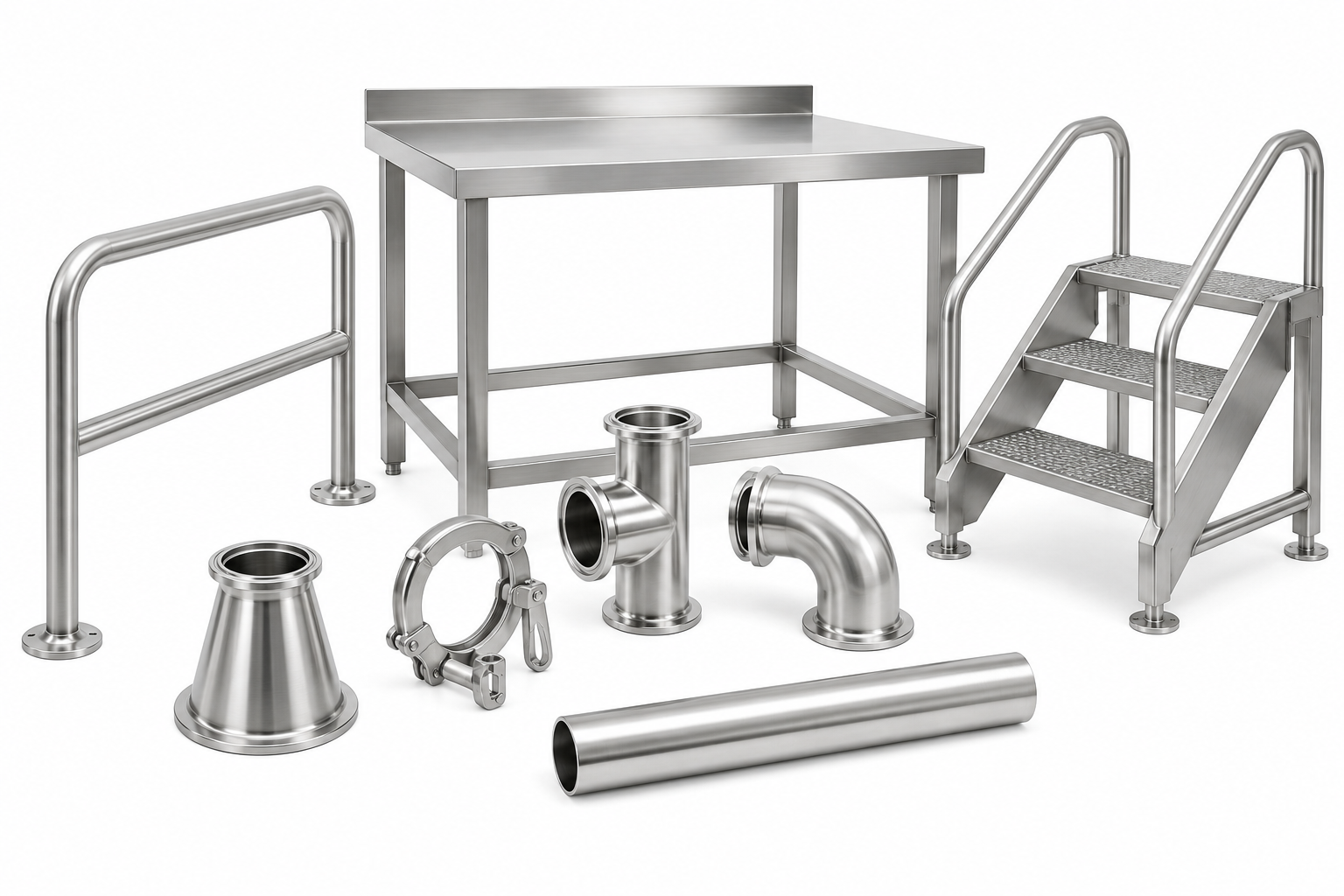 Assorted stainless steel kitchen or industrial equipment including a table, stairs, various pipes, and a clamp.