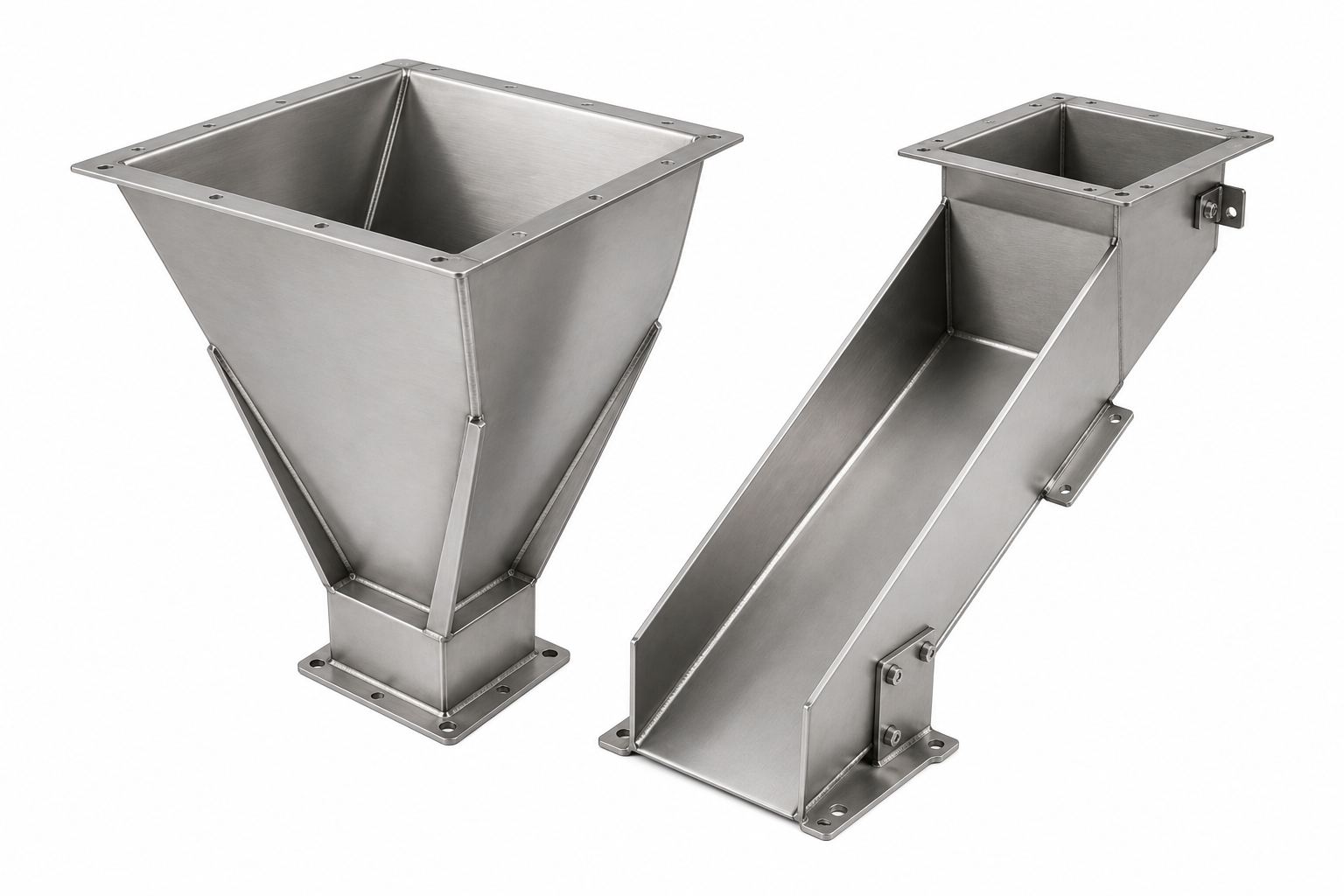 Two stainless steel industrial chutes, one with a funnel shape and the other with a rectangular open-top design, used for guiding bulk materials.