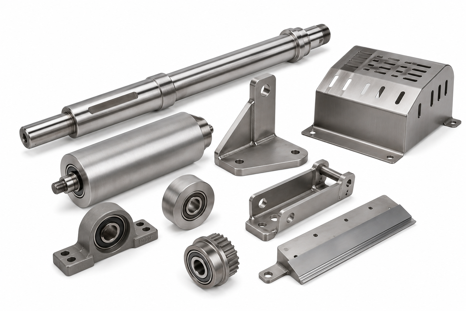 Various metal industrial machine parts laid out on a white background.