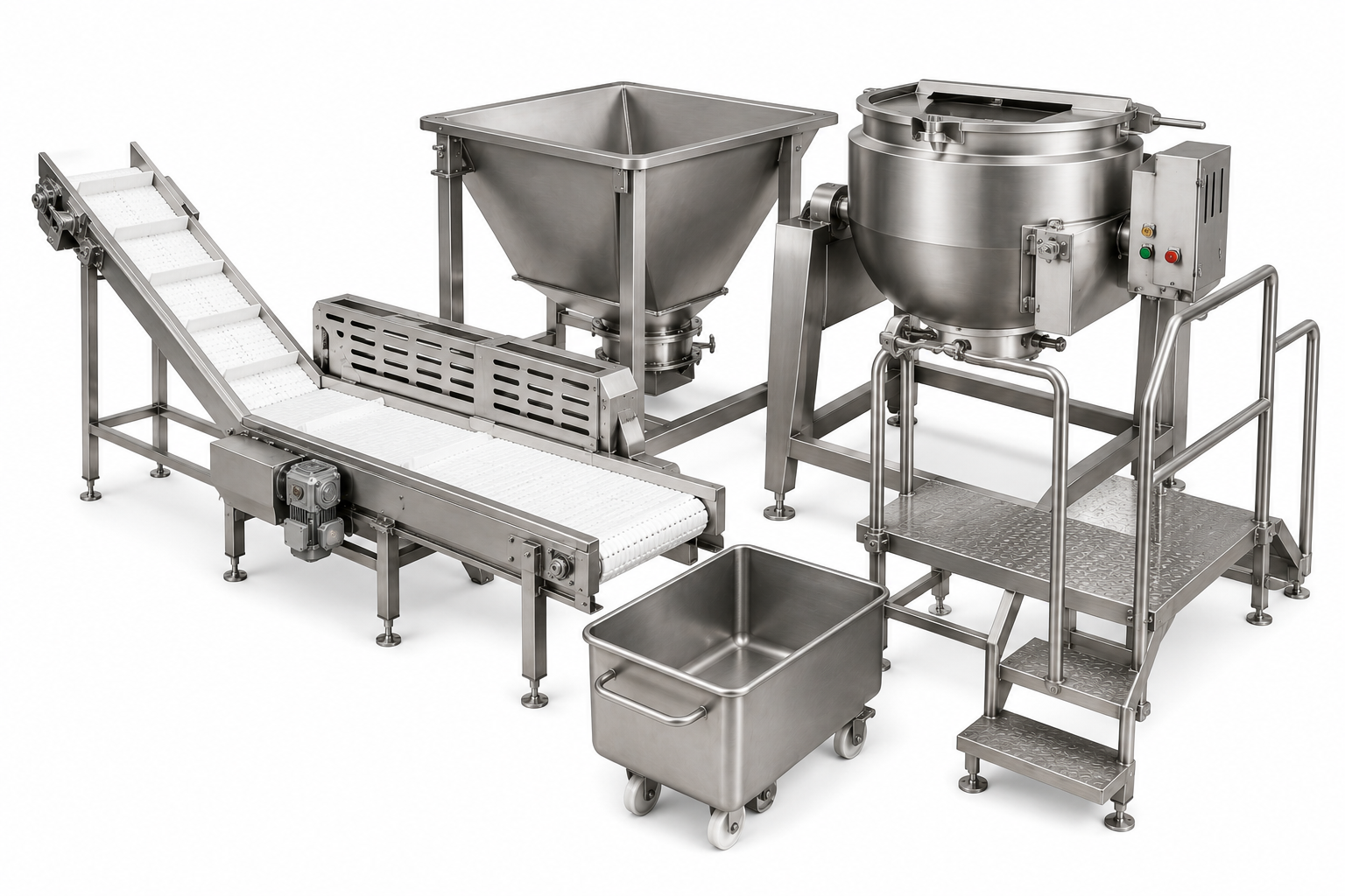 Industrial food processing equipment made of stainless steel, including conveyor belts, a hopper, a mixing or cooking machine, and a rolling or grinding unit.