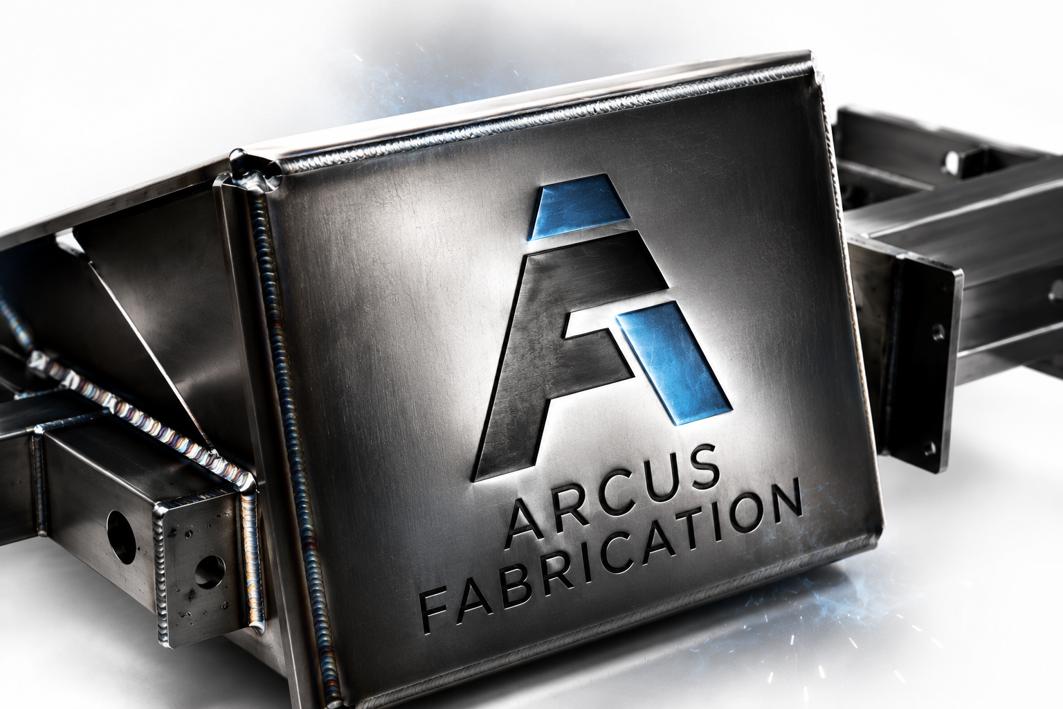 Close-up of a metallic Sign with the Arcus Fabrication logo and name on a sturdy metal frame.