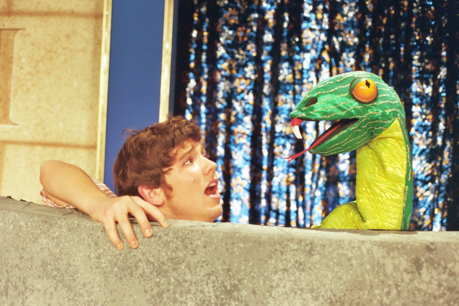 Person interacting with a green snake puppet on stage.