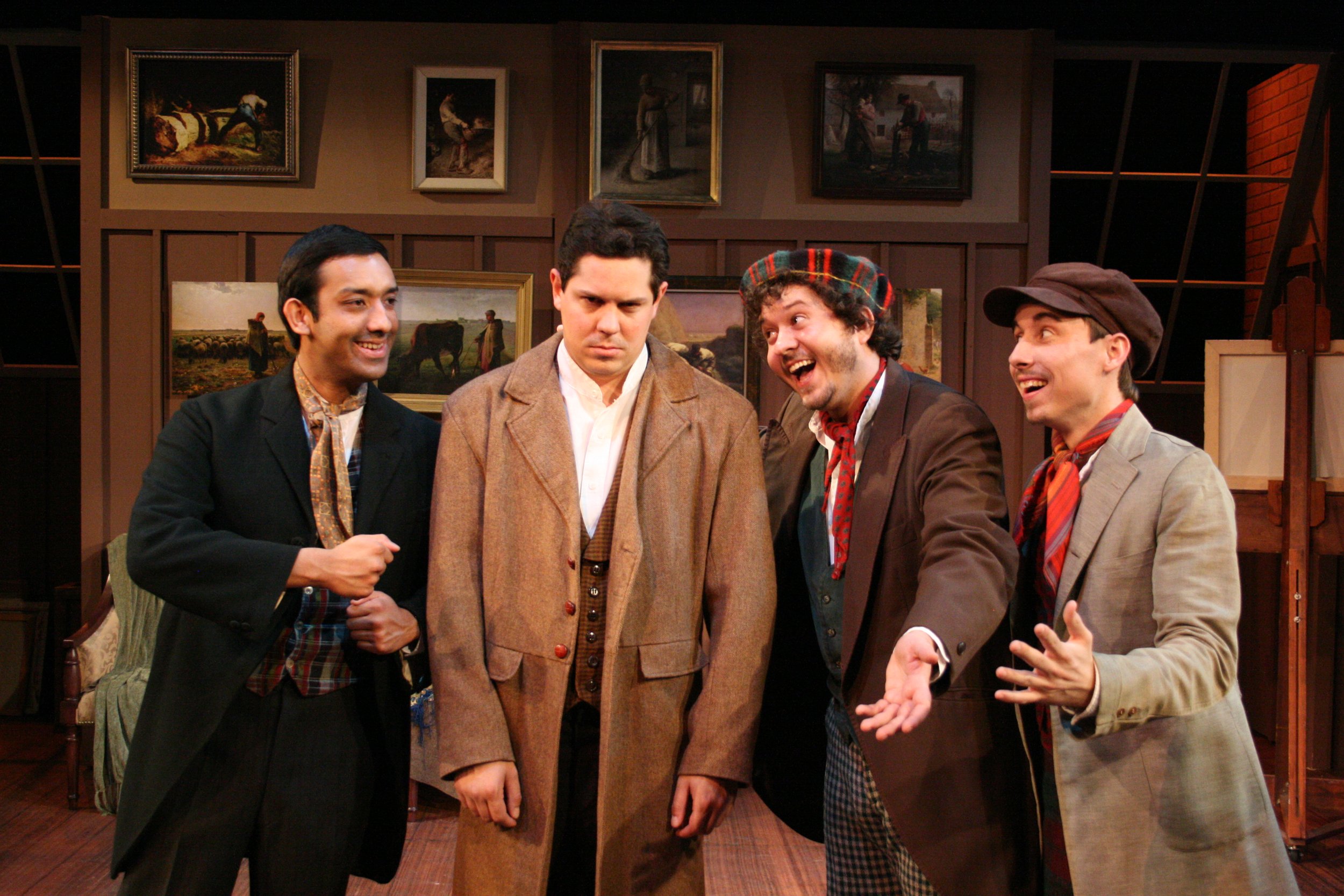 Four men in vintage costumes perform in a theatrical setting with paintings on the wall.