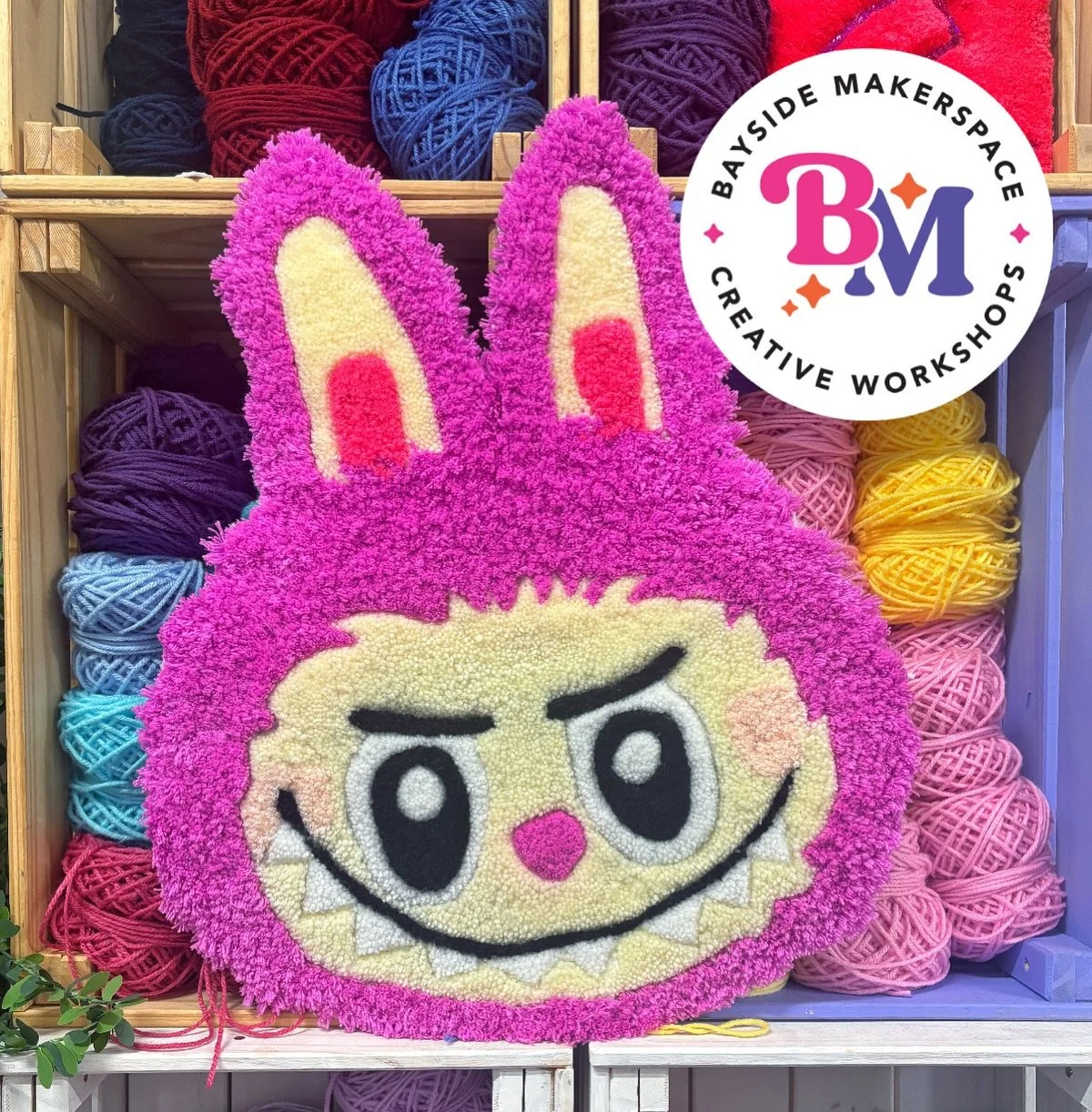 We were at @baysidemakerspace last night hosting our faux stained glass sun catcher workshop (results incoming!) and couldn&rsquo;t help but swoon over the eye catching Labubu rug made by Sez!

Did you know she is currently running a competition to w