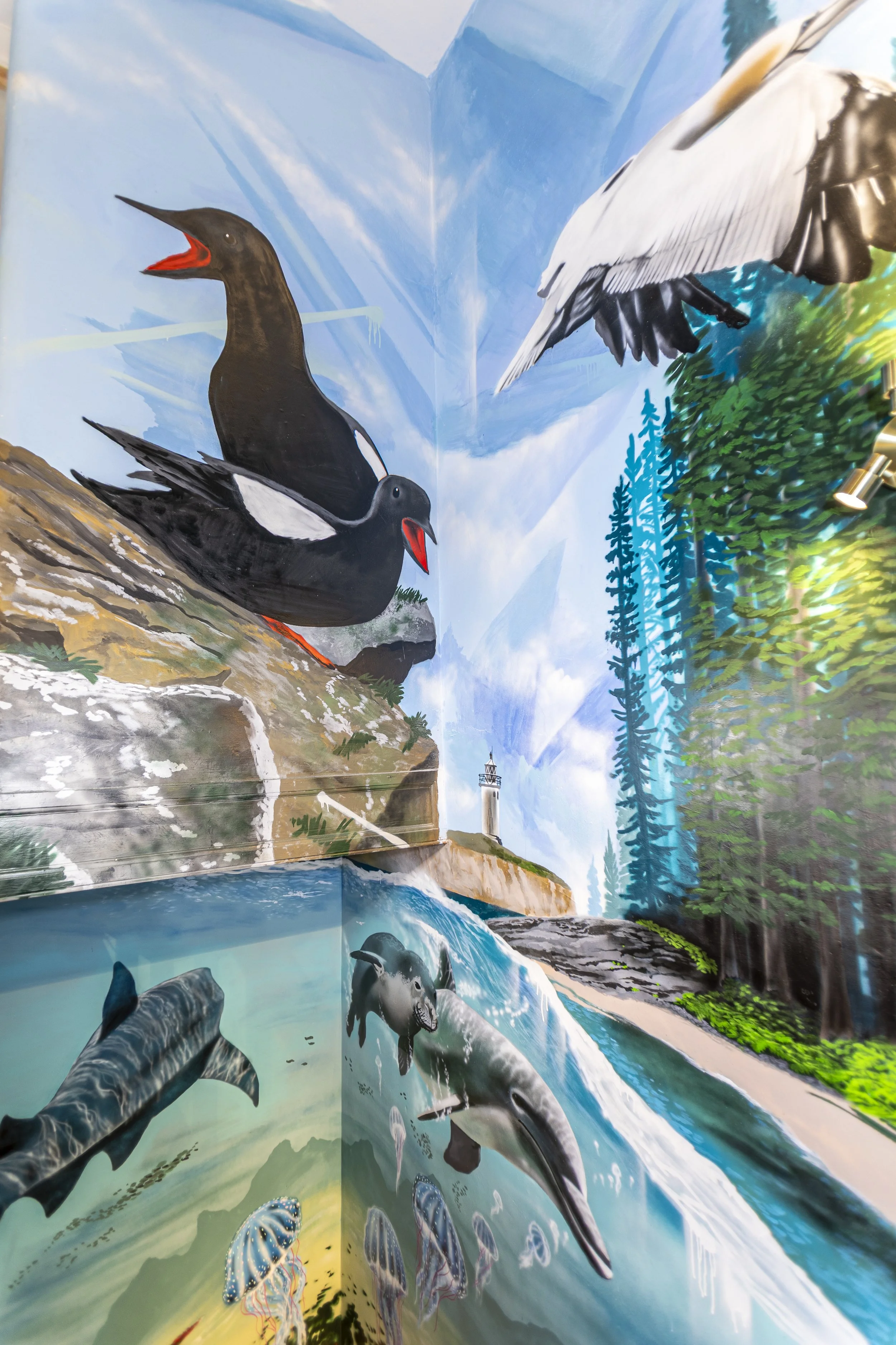 A stairwell mural in Bute featuring Scottish wildlife