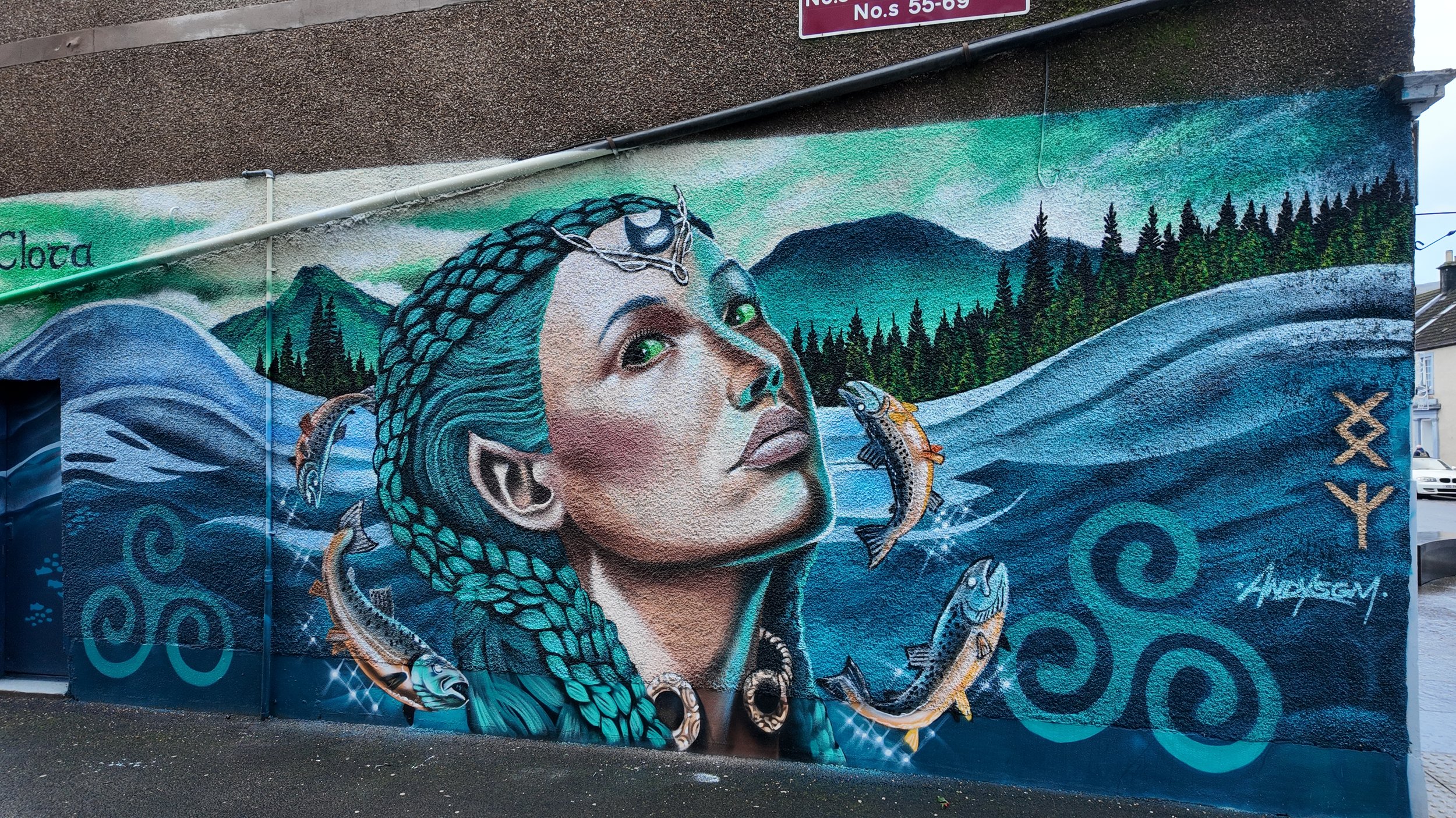 A graffiti mural in Alva of the Celtic River Goddess Clota 