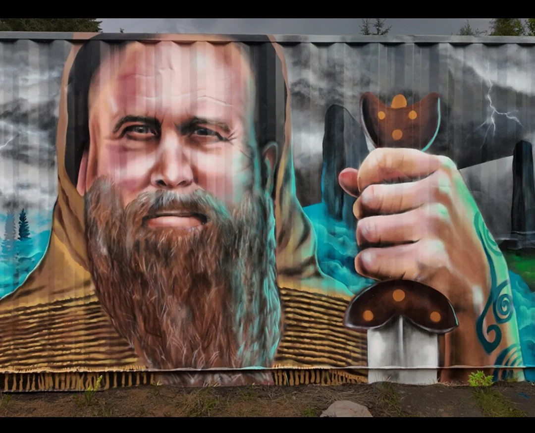 Mural of a Pictish man in a hood