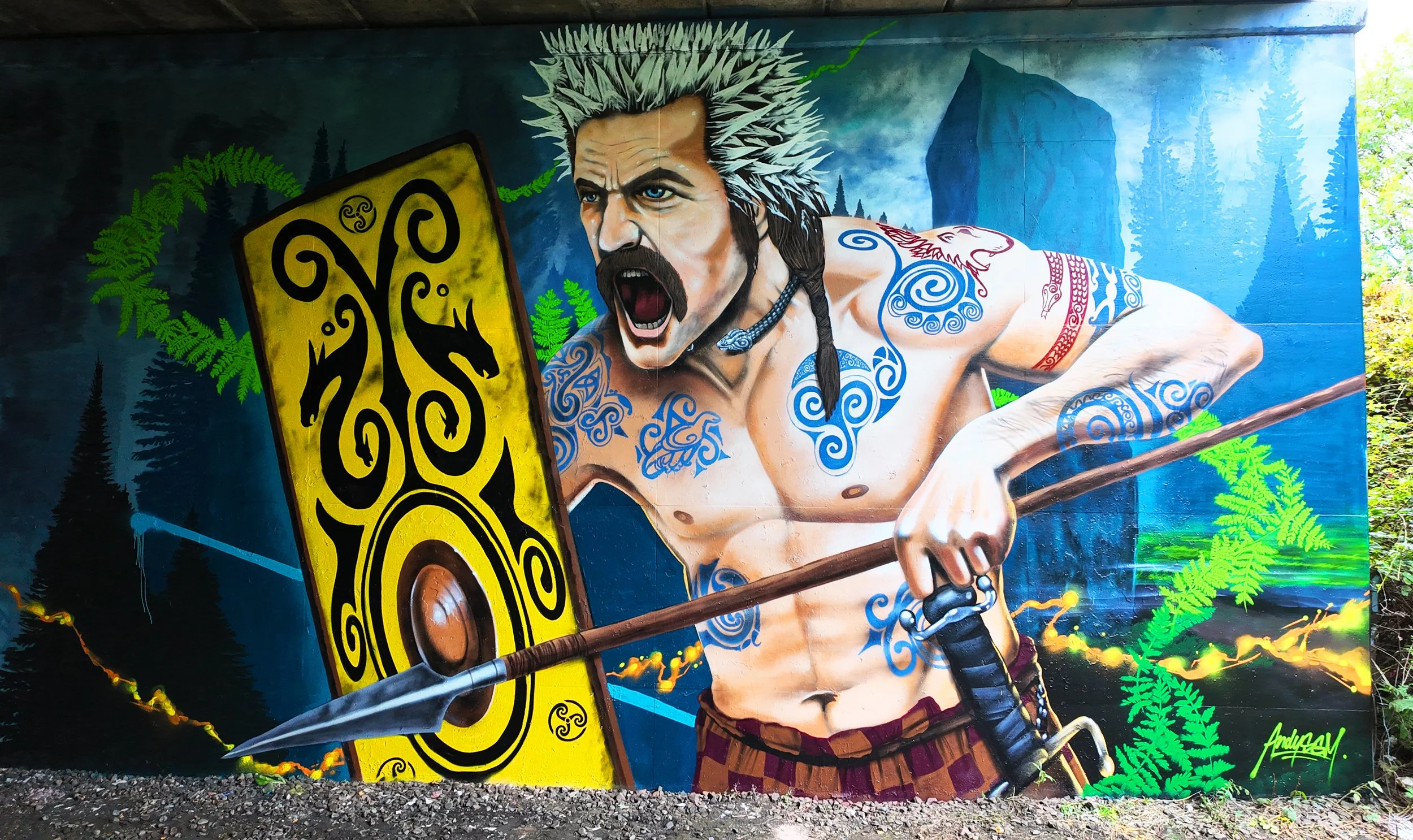 A graffiti mural in Alloa of a Celtic Warrior from the Maeatae tribe 