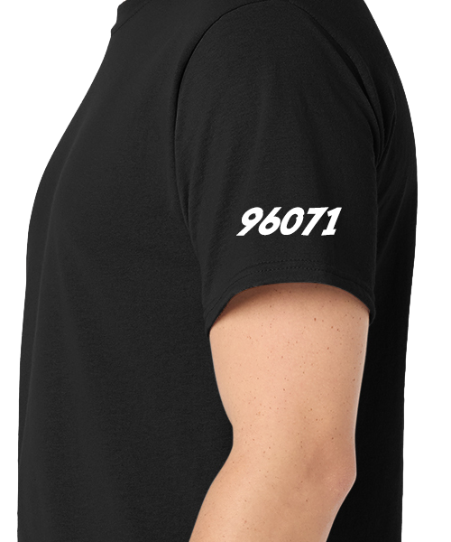 Team Number on the left shoulder of a black tee shirt