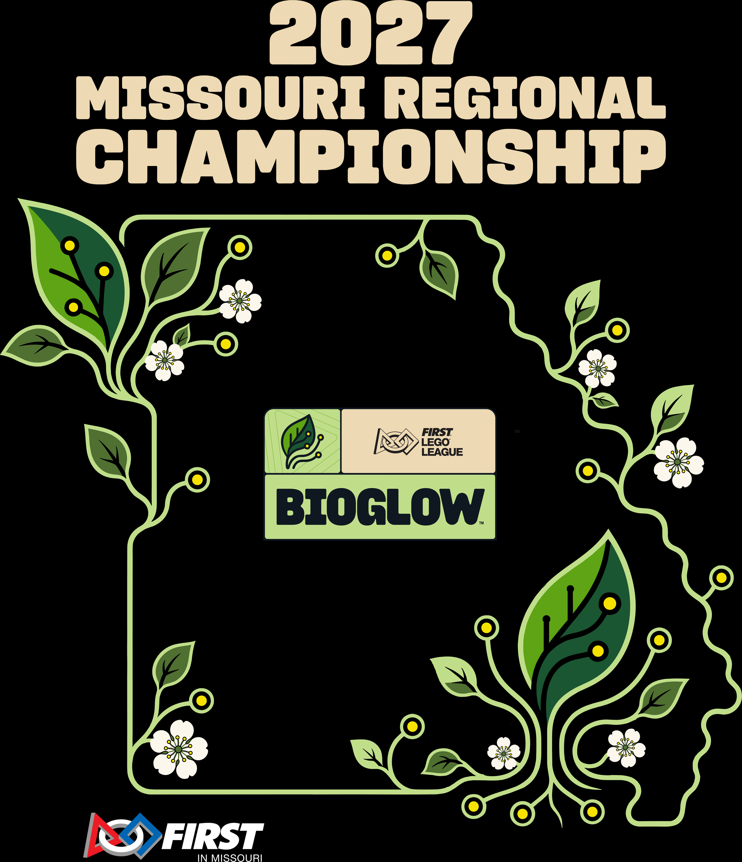 2027 Missouri Regional Championship t-shirt design featuring the FIRST LEGO League BIOGLOW logo framed by a leaf and vine border with glowing circuit-leaf accents, and the FIRST in Missouri logo.