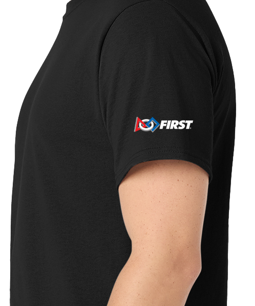 FIRST Logo on the left shoulder of a black tee shirt