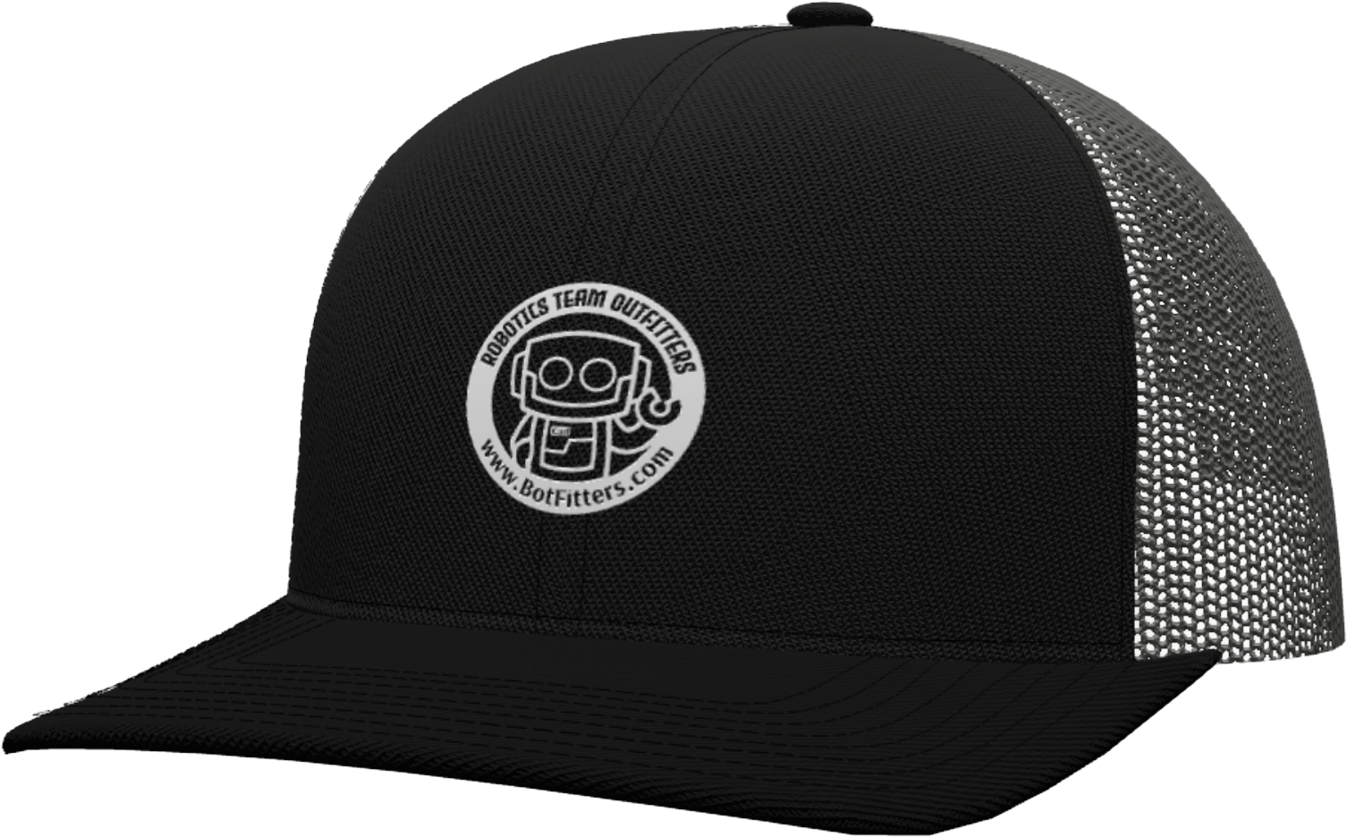 Black embroidered trucker hat with robotics logo, representing the 12 Embroidered Trucker Hats bundle for teams and supporters.