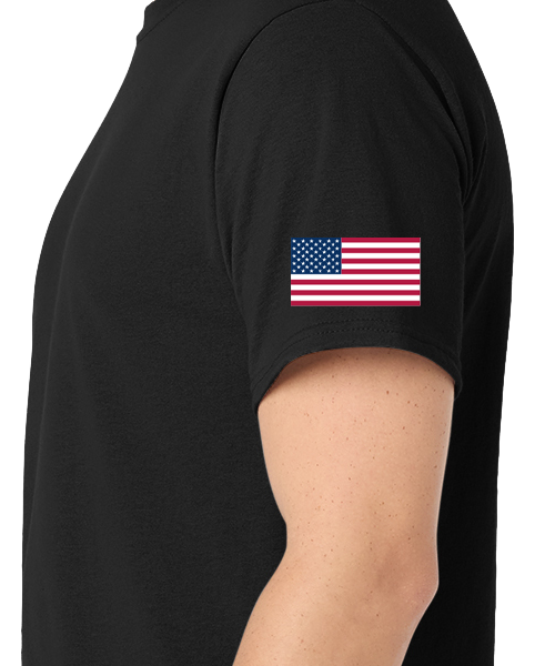 United States flag on the left shoulder of a black tee shirt