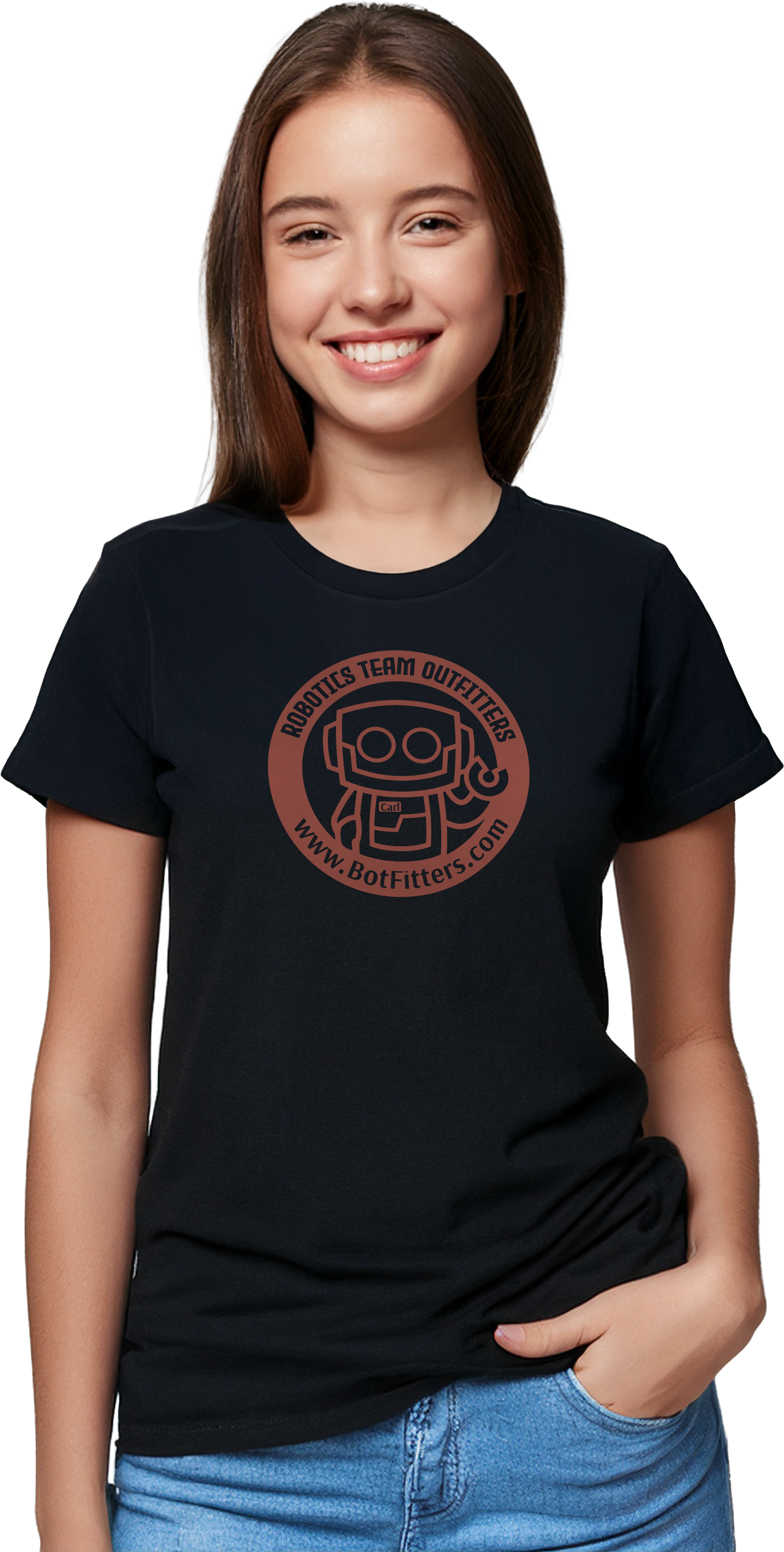 Model wearing a soft premium robotics team t-shirt for the 48 Premium Tees bundle, ideal for FRC, FTC, or FLL event shirts.