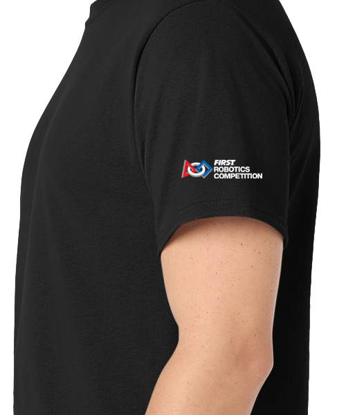 FIRST Robotics Competition Logo on the left shoulder of a black tee shirt