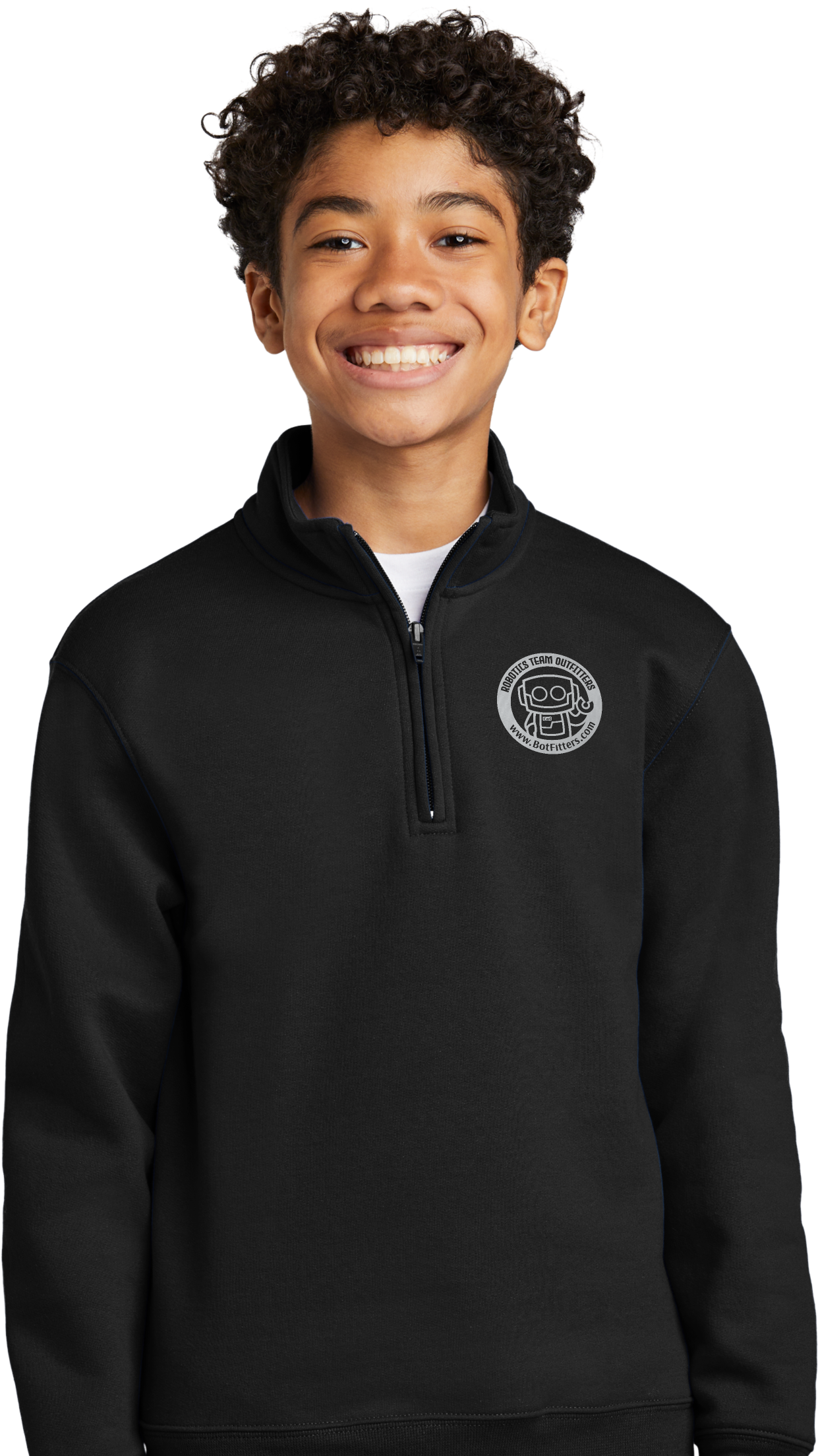 Model wearing a lightweight quarter-zip pullover used as mentor or coach apparel in the 12 Quarter-Zip Pullovers robotics special.
