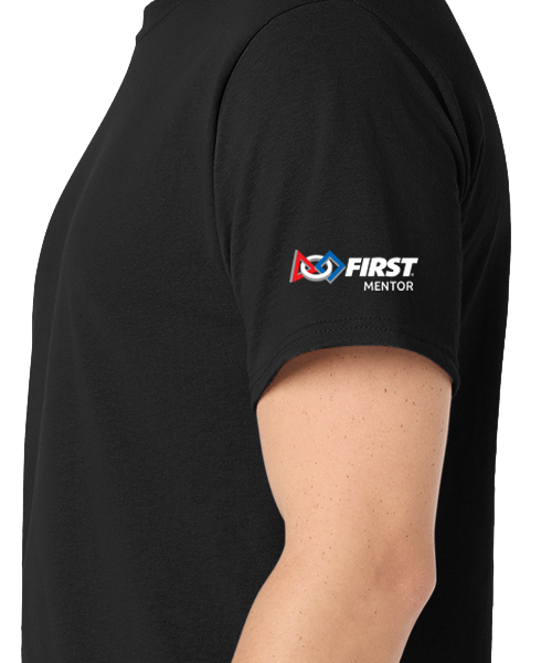 FIRST Mentor Logo on the left shoulder of a black tee shirt