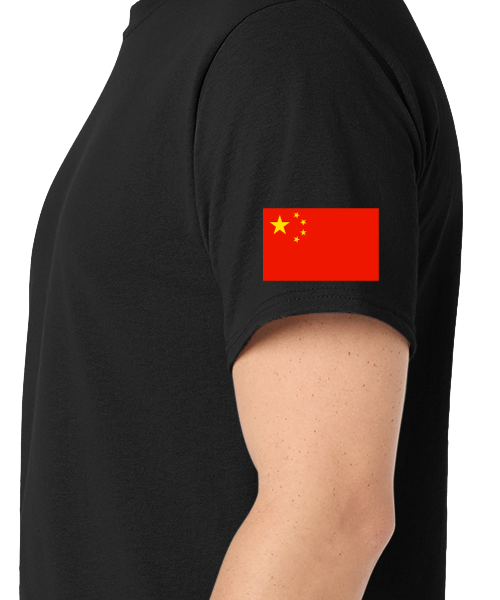 Chinese flag on the left shoulder of a black tee shirt