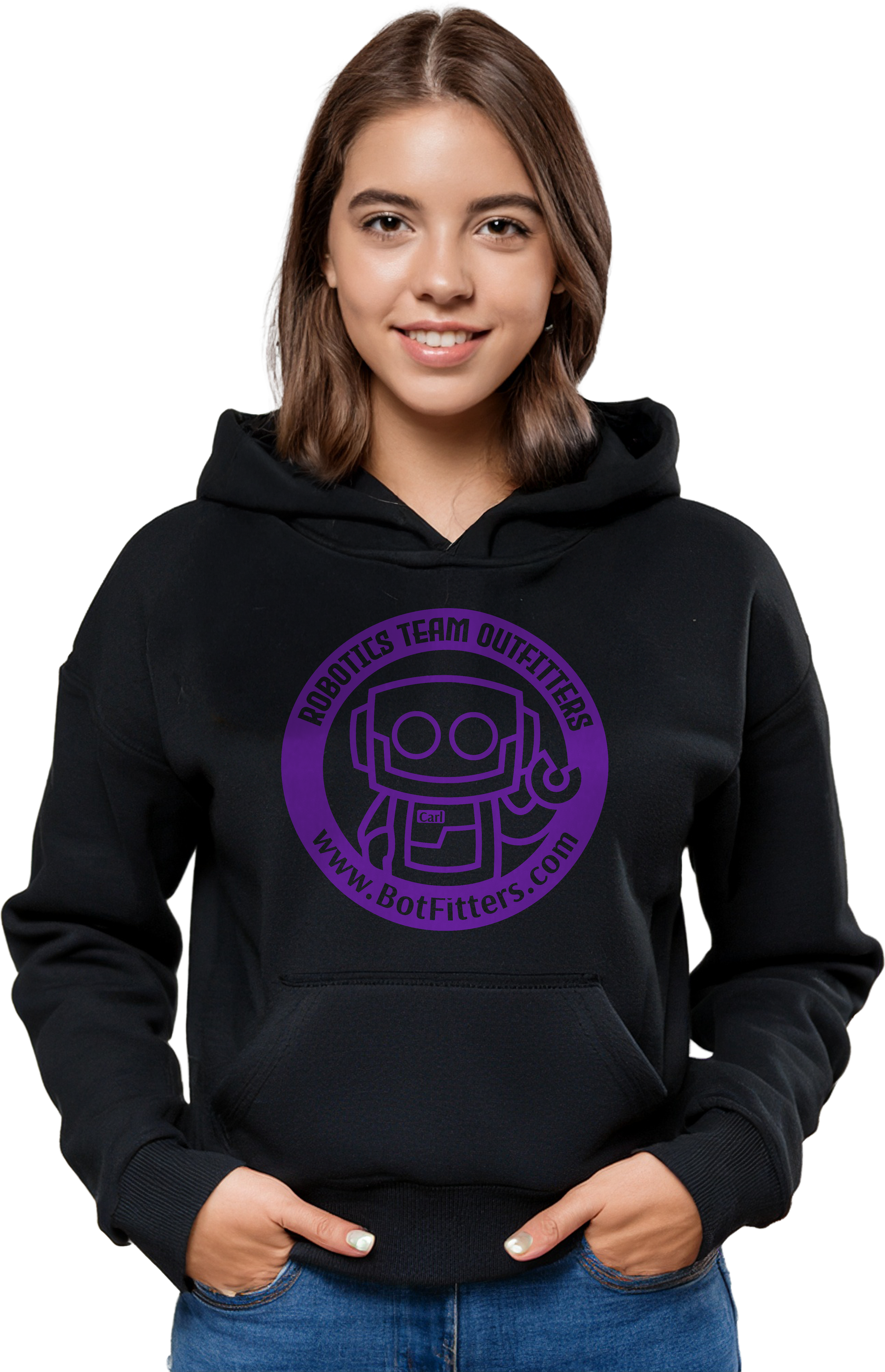 Model in a pullover robotics team hoodie showcasing the 24 Premium Hoodies bundle for FRC, FTC, and FLL competitions.