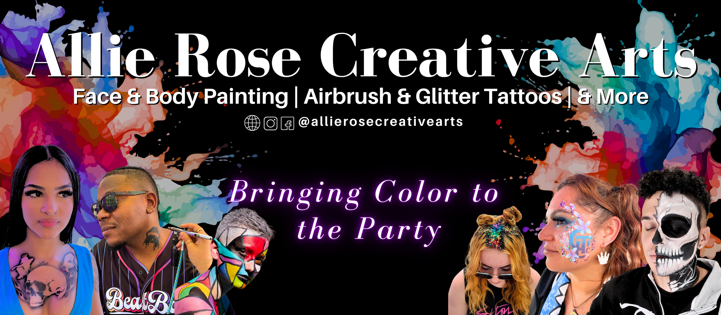 Advertisement for Allie Rose Creative Arts featuring face and body painting, airbrush and glitter tattoos, with a colorful background, images of diverse individuals with creative body art, and the text "Bringing Color to the Party."