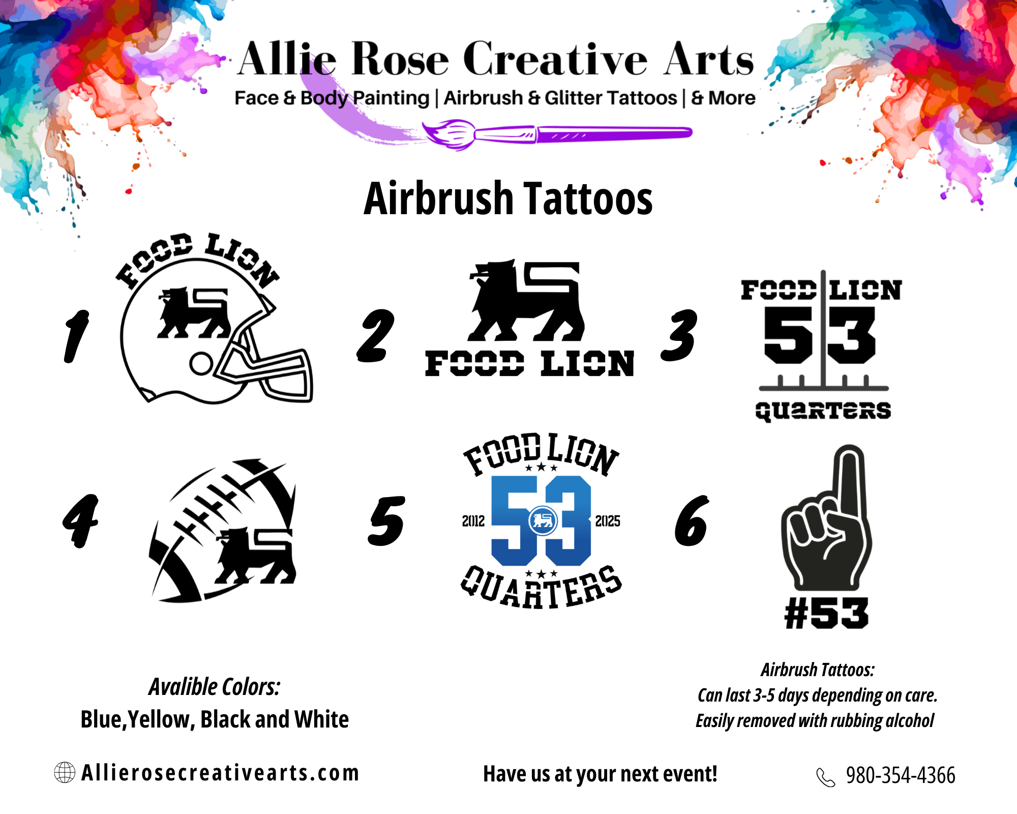 Poster advertising Allie Rose Creative Arts' airbrush tattoo designs featuring food lion logo tattoos in various styles, numbered 1 through 6, with colors available in blue, yellow, black, and white, including a hand making a number 53 sign.