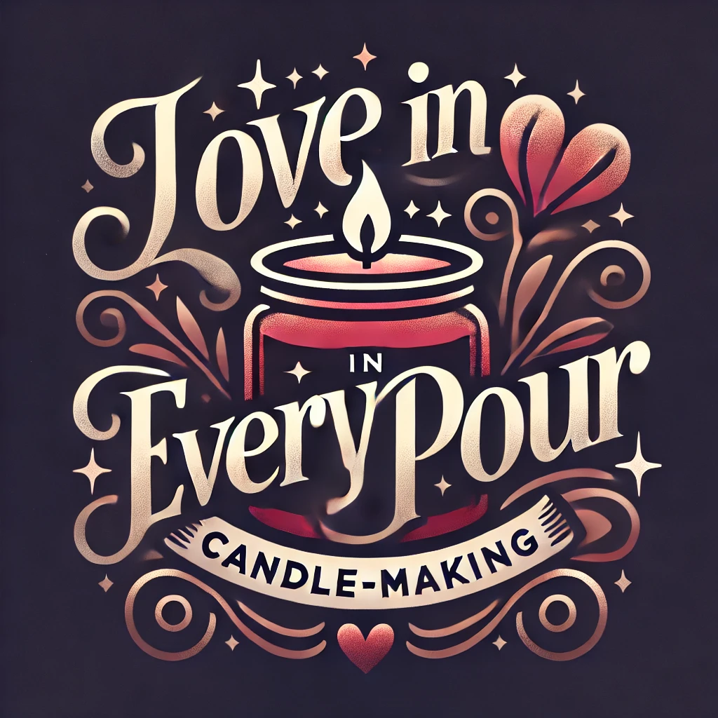 Decorative poster with the phrase 'Love in Every Pour candle-making' featuring a lit candle, floral designs, and stars on a dark background.