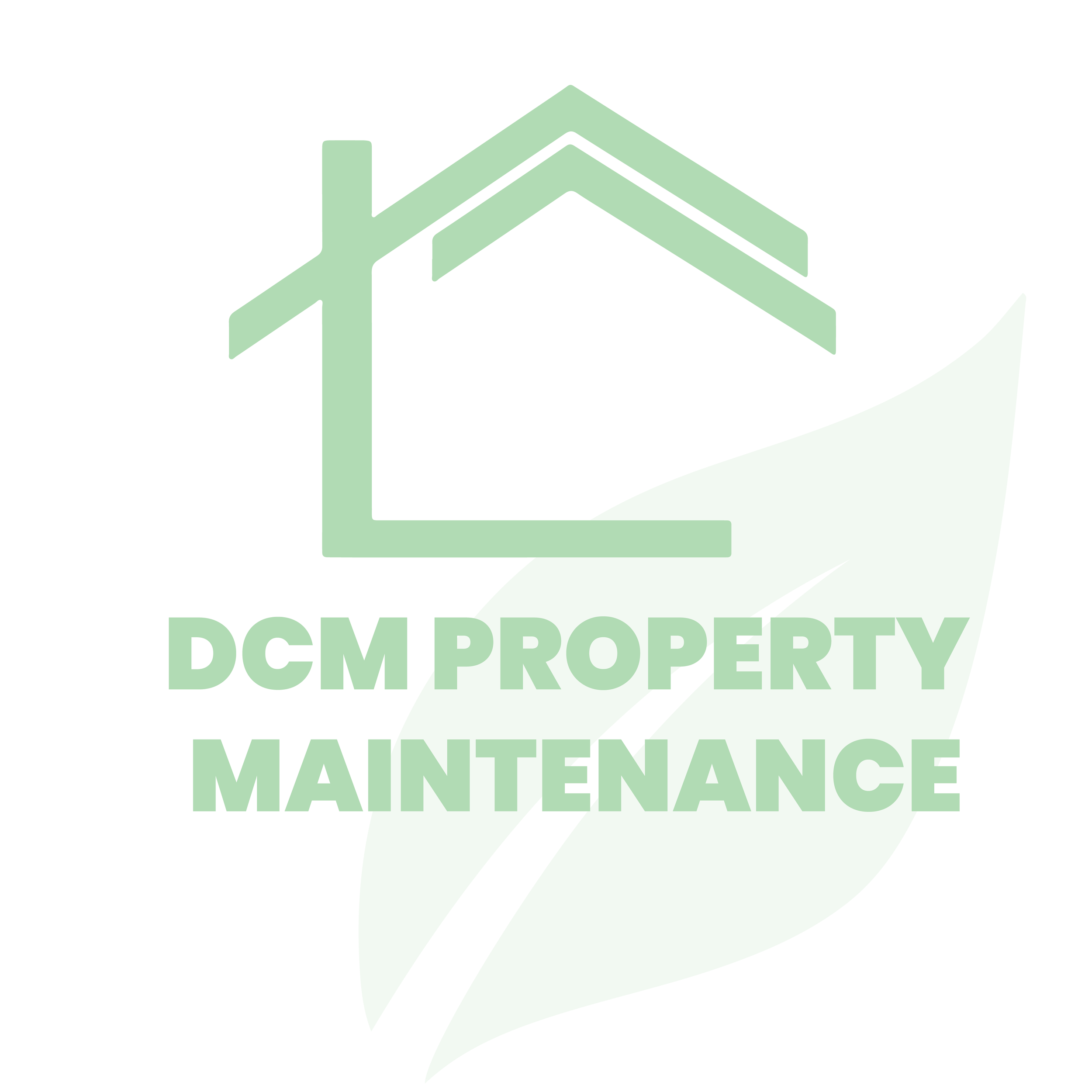 Logo for DCM Property Maintenance featuring a stylized house outline and a green leaf background.