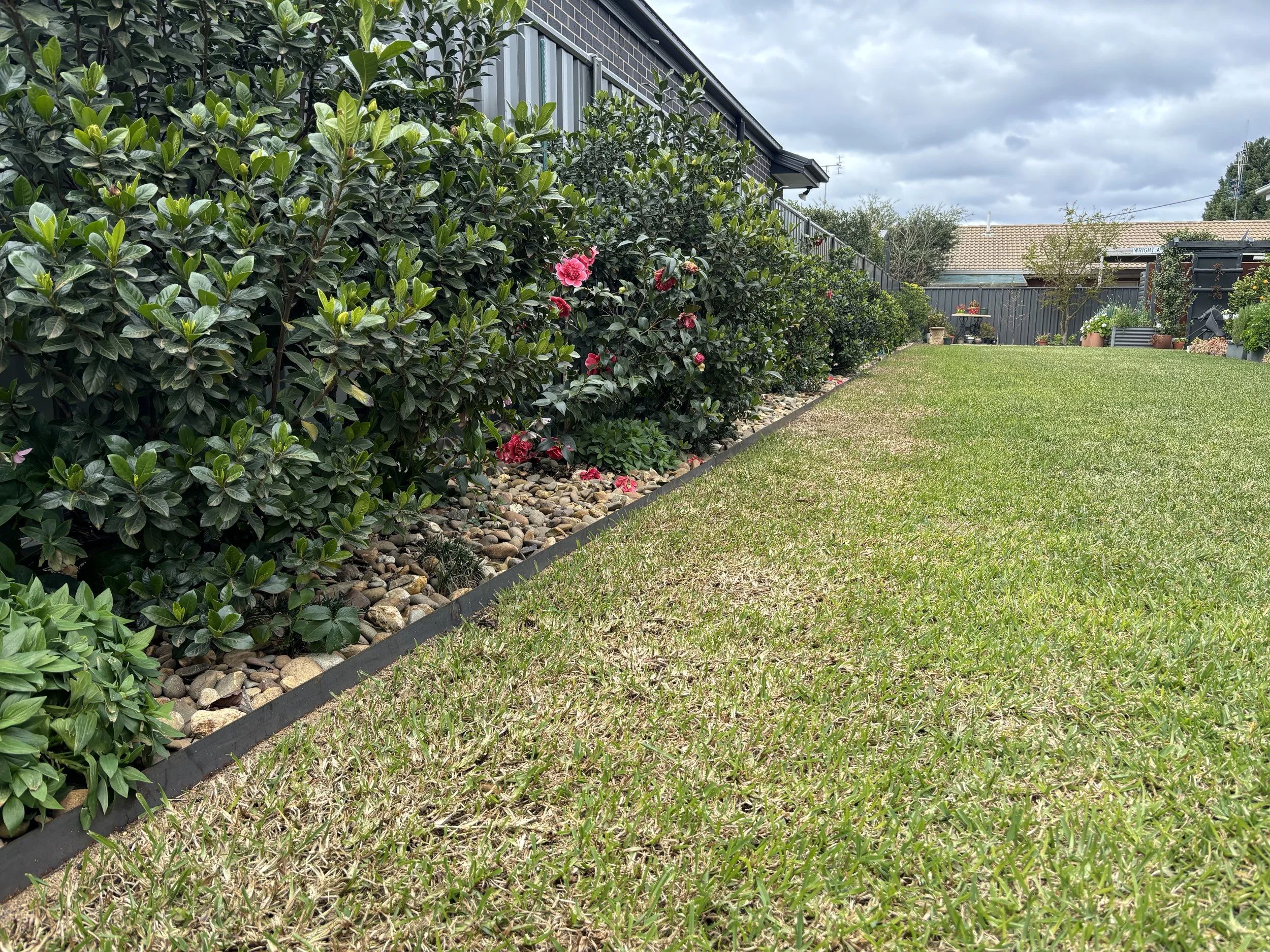 A backyard garden with a well-maintained green lawn, surrounded by potted plants and flowers, with a brick house on the left and a cloudy sky above.