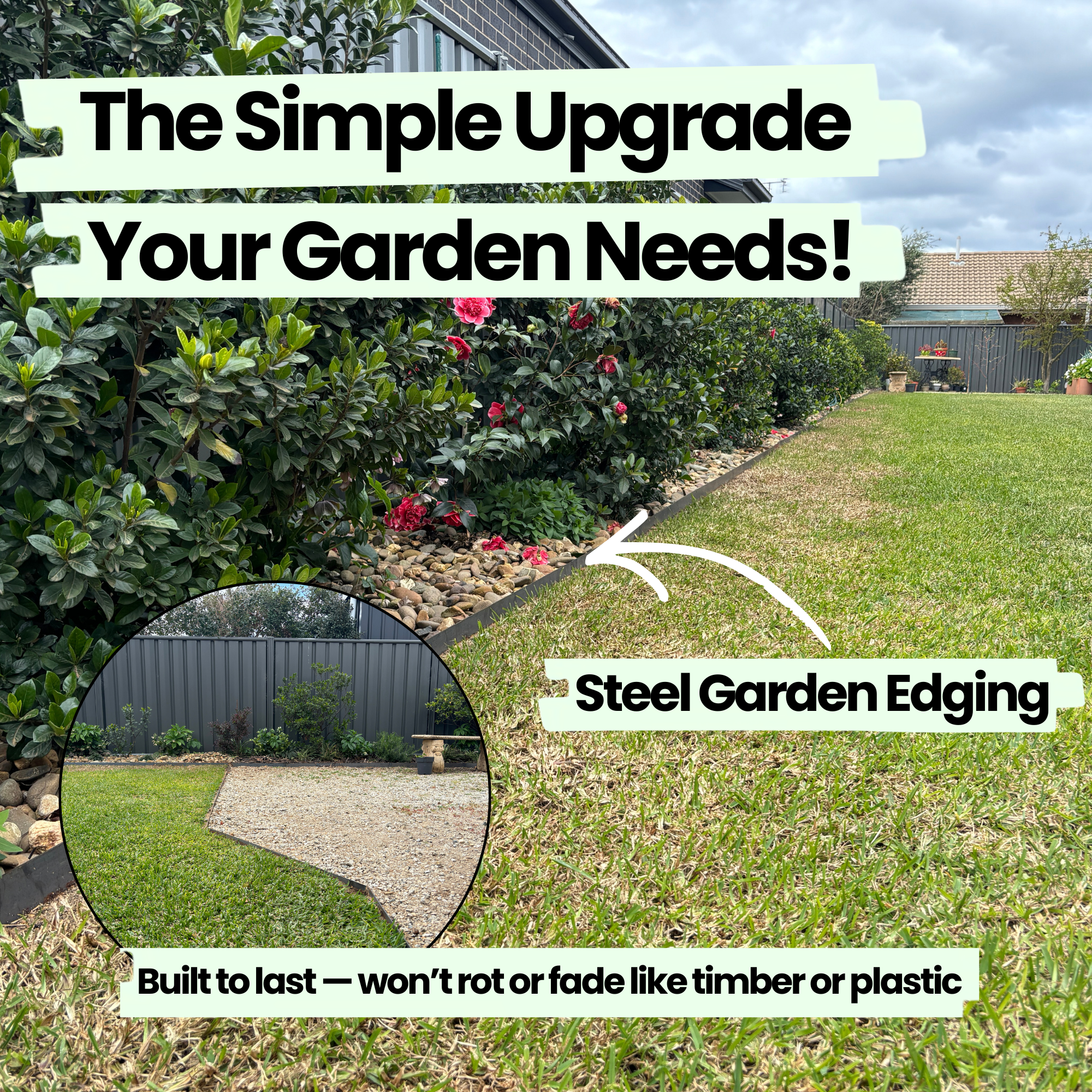 A garden with a green lawn and a floral hedge, featuring text promoting simple garden upgrades including steel garden edging, emphasizing durability over timber or plastic.