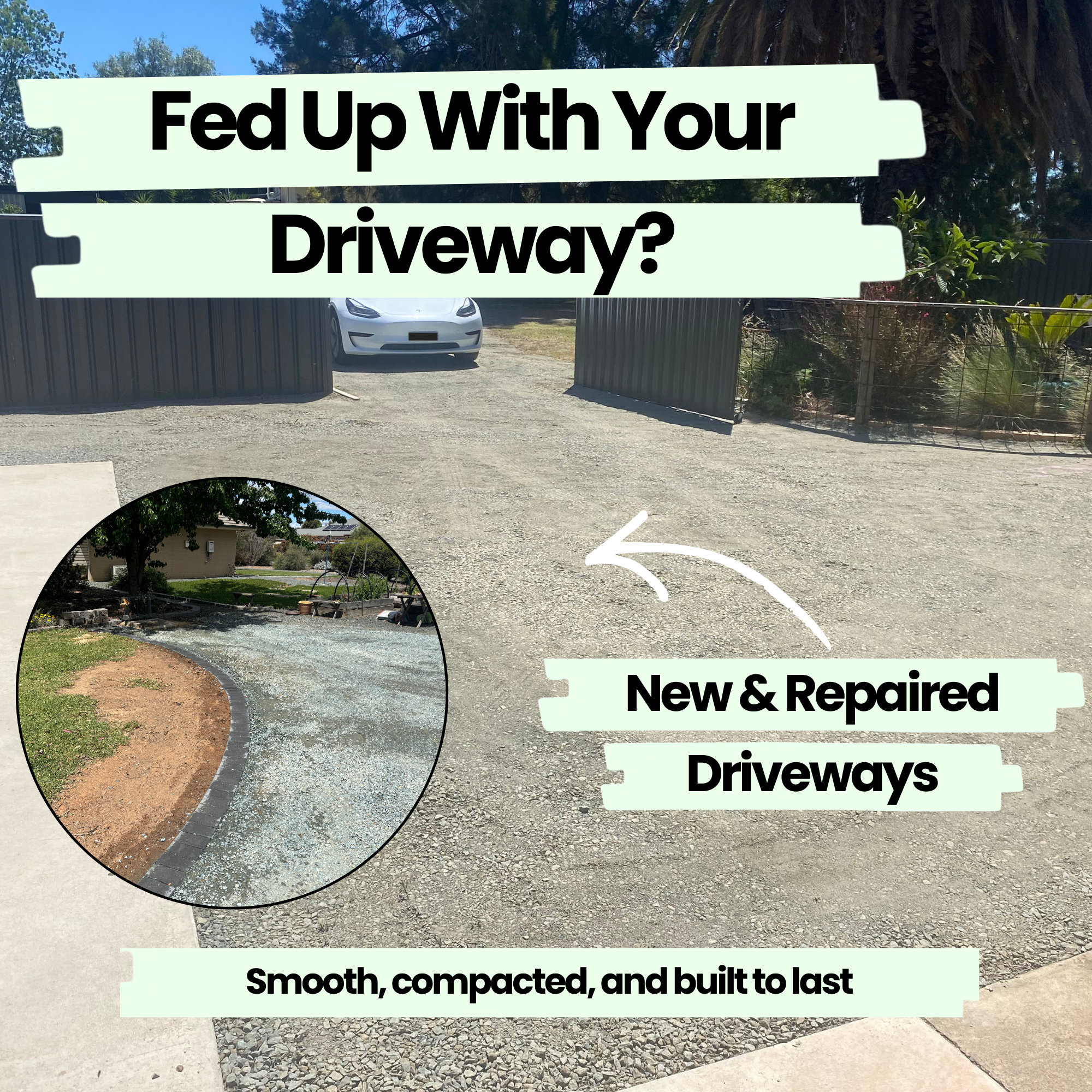 A driveway with a partially open gate leading to a gravel pathway, showing a repaired and newly paved driveway with smooth and compacted surface, highlighting the difference between an old, rough driveway and a new, durable one.