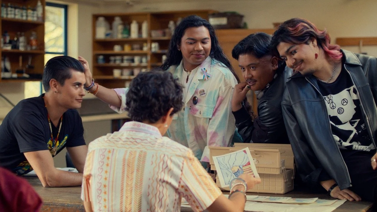Colby Munoz Hurdle, Blase Balan-Ramos, Jacob Padua, Marco Tabayoyon, Nicholas Uglow (back). Film still from SO TO SPEAK, courtesy of SLOW SLOW SLOW Productions