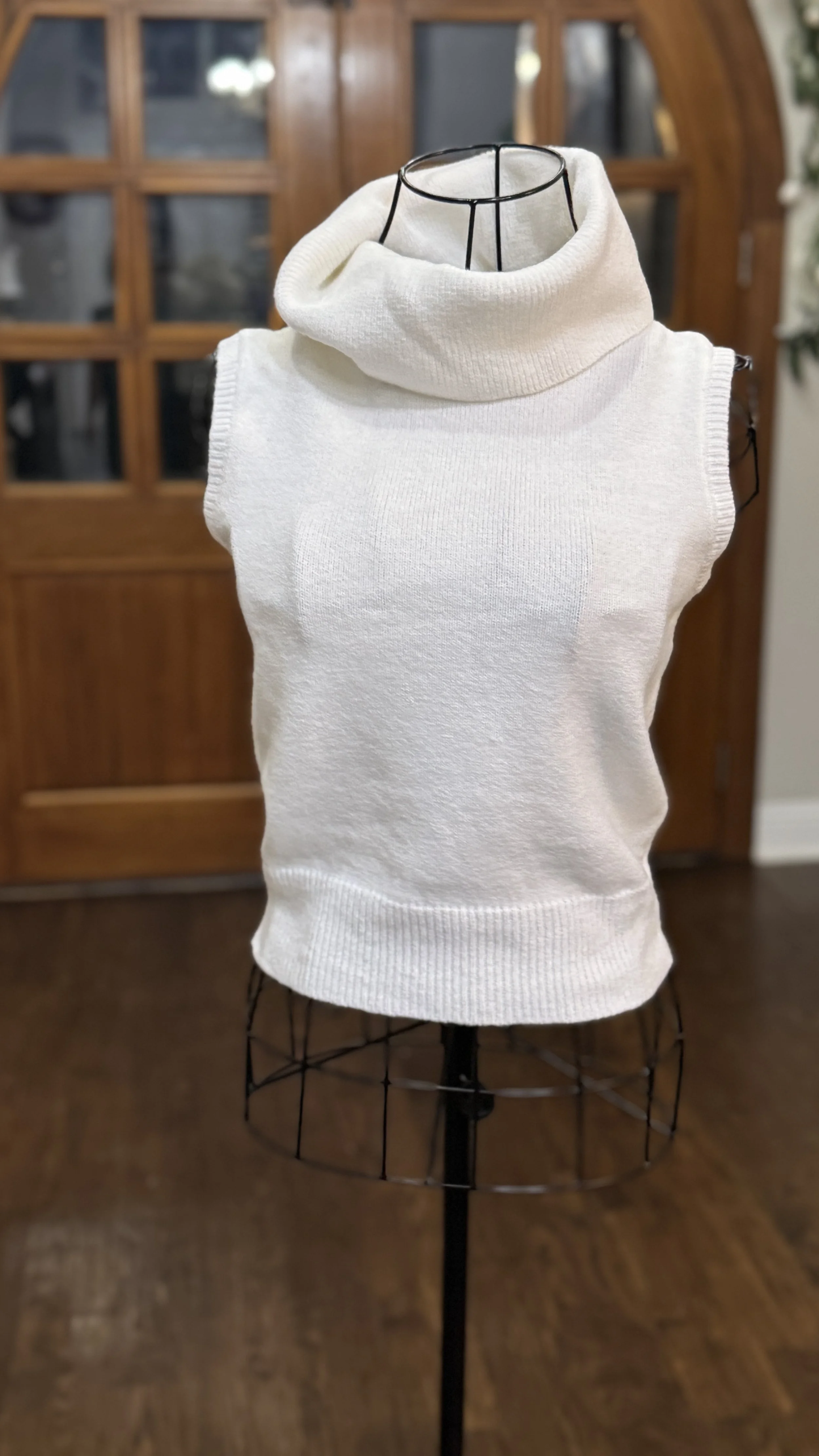 White Sleeveless Cowl Neck Sweater