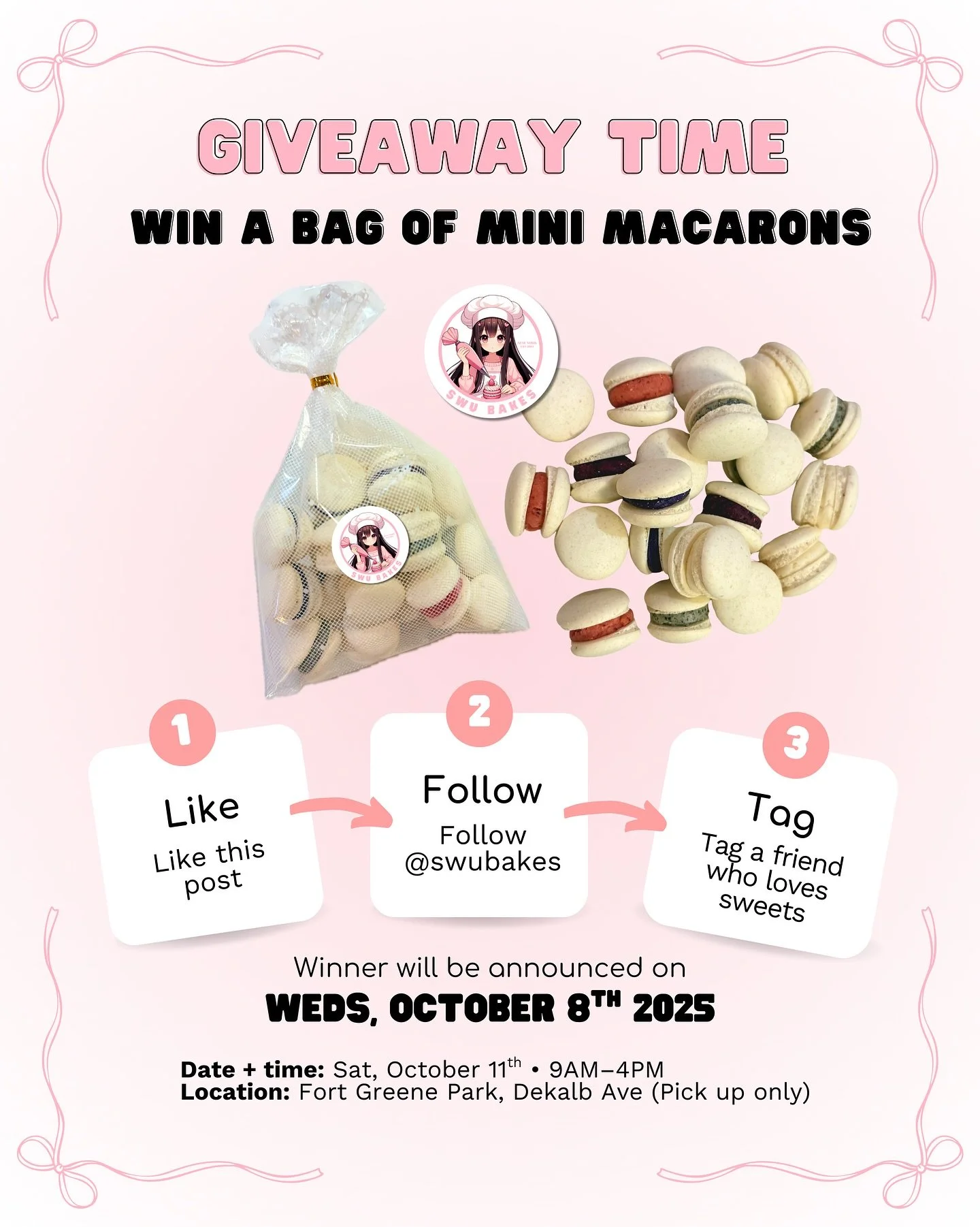 🎉 Giveaway time! 🎉 We&rsquo;re popping up at Fort Greene Park on Sat, Oct 11th (9AM&ndash;4PM) and giving away a free bag of mini macarons 💕 
How to enter: 1️⃣ Like this post 2️⃣ Follow @swubakes 3️⃣ Tag a sweet tooth friend (each tag = entry) 
📣