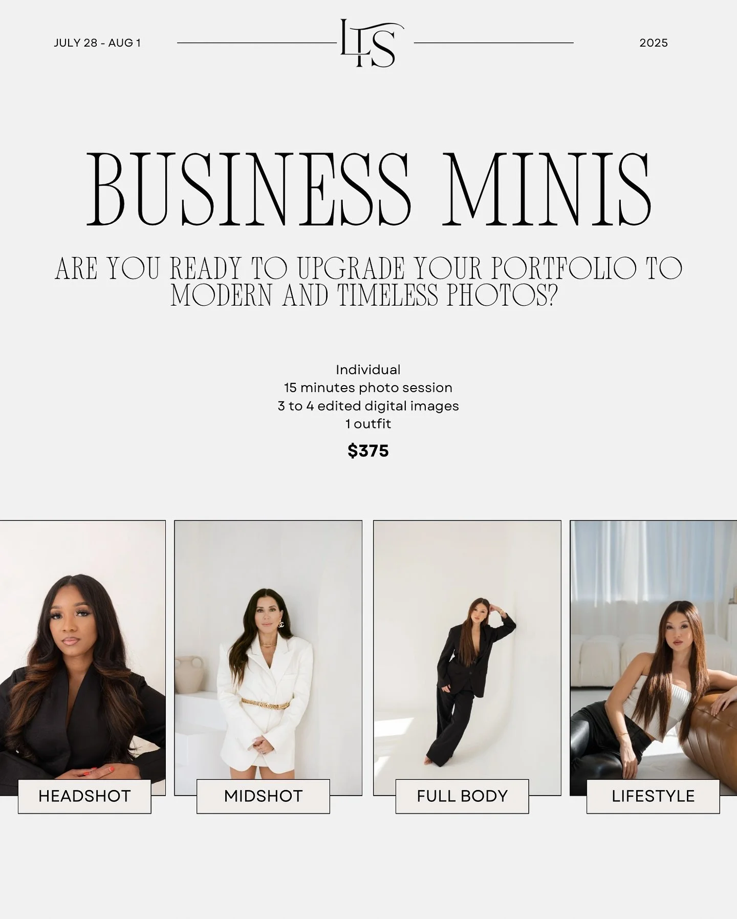 Another round of Business Minis and our last one of the year!!! β¨
If you are a business owner, a professional, or someone looking to update their headshots— now is the time! 
We will have availability between JULY 28 to AUG 1 (10am-6pm) for y