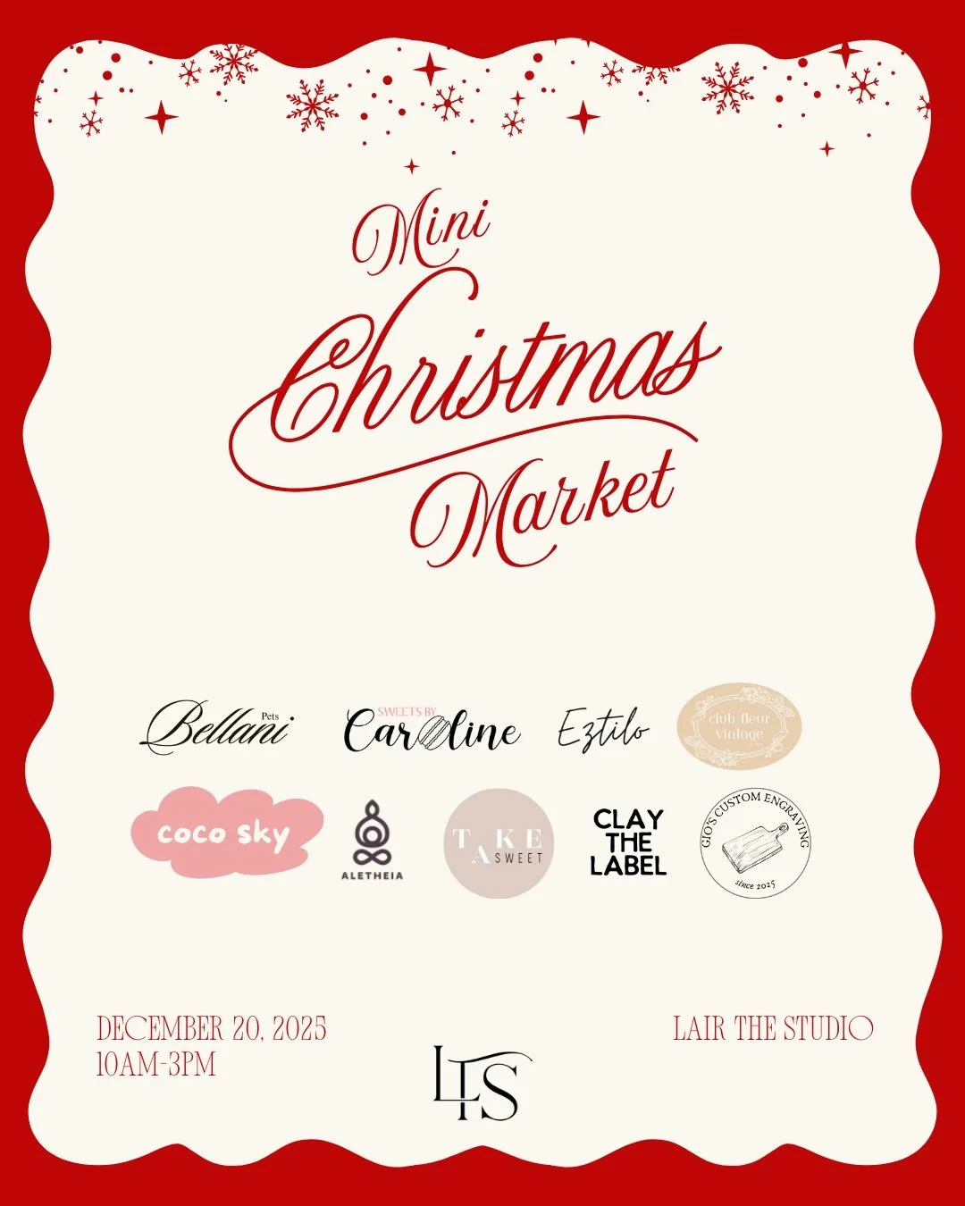 Our final vendor lineup for this year&rsquo;s Mini Holiday/Christmas Market at @lairthestudio 🎄✨

We&rsquo;re opening our doors on December 20, 10AM-3PM for the coziest, most festive pop-up &mdash; filled with amazing small businesses we truly love.
