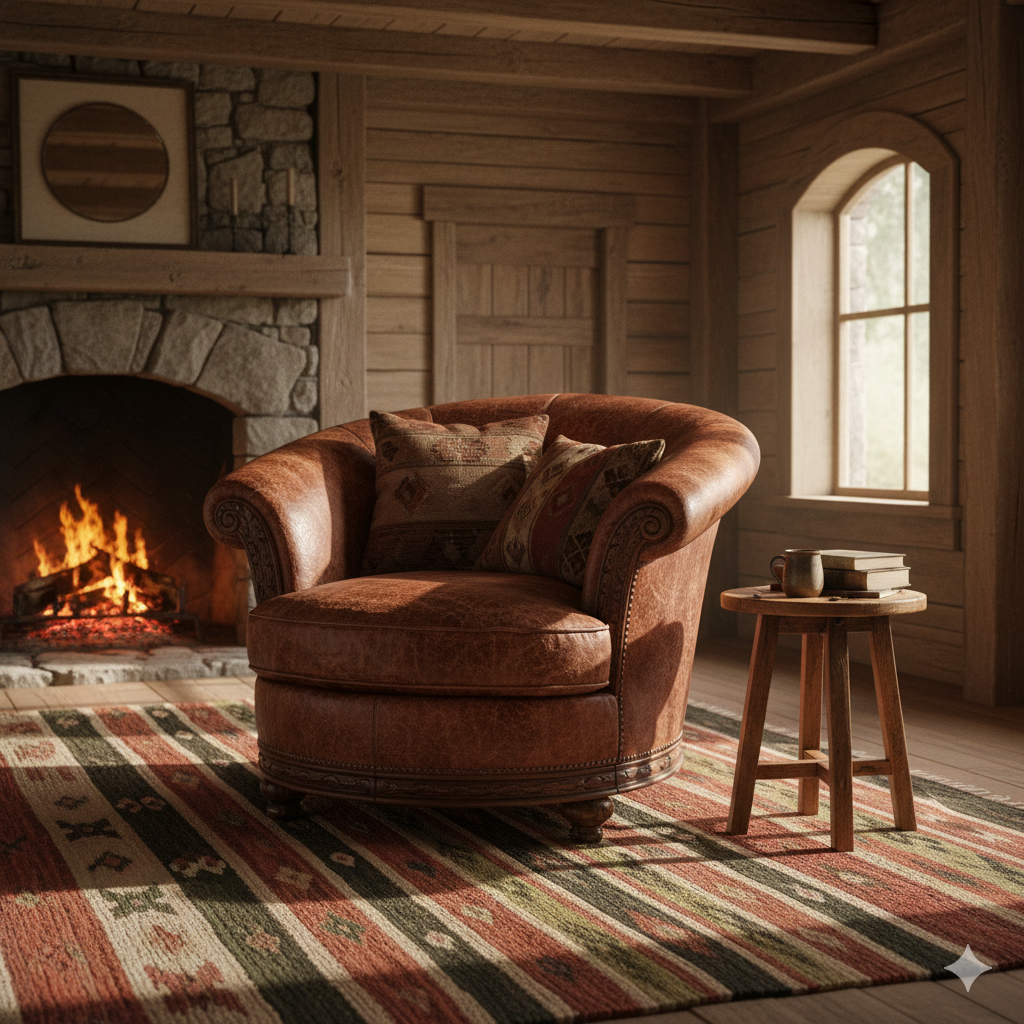 AI generated photo of a round-back leather chair in a rustic room, earth-tones