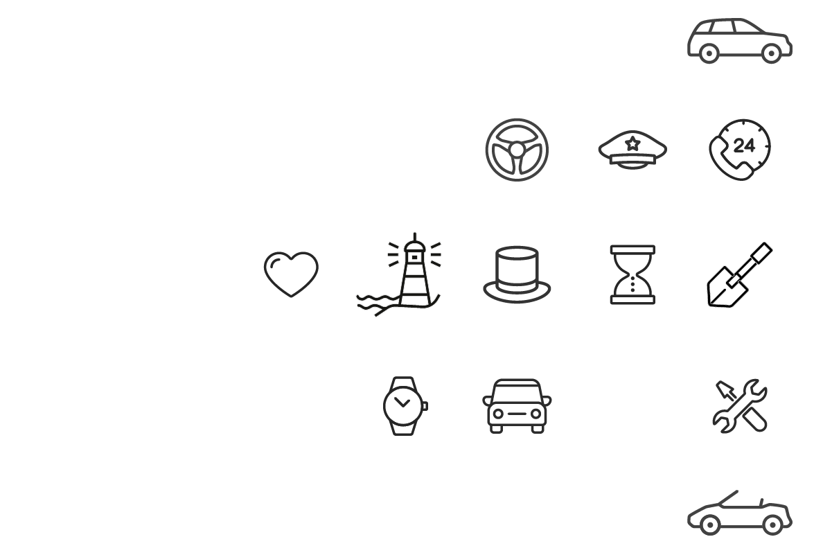 Pictogram with black and white icons in a loose grid.