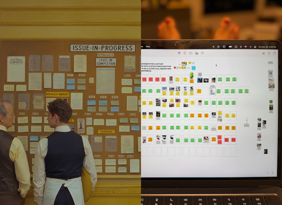 Side by images of Issue-in_Progress scene from The French Dispatch next to our diagonal version using Freeform software