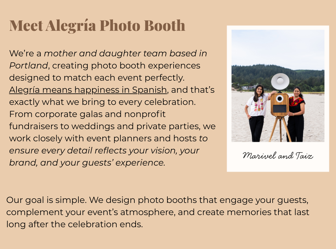 About description of alegria photo booth a portland based photo booth rental business.