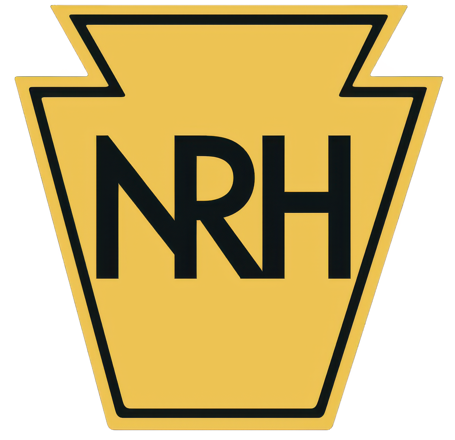 Yellow triangular road sign with black border and the letters 'NRH' in black.