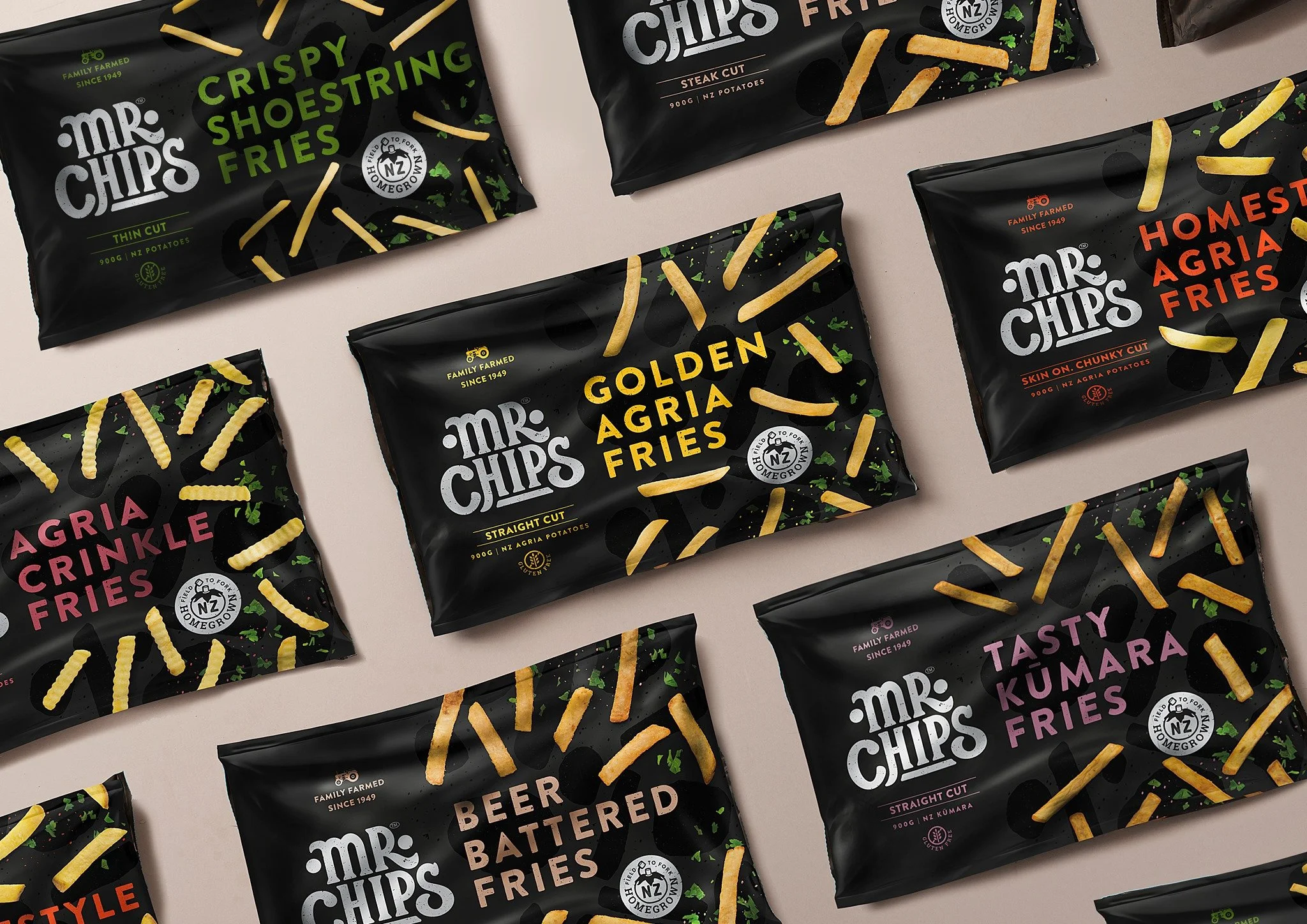 Assorted bags of Mr. Chips fries in flavours including crispy shoestring, golden agria, homestead agria, agria crinkle, tasty kumara, and beer battered – imported frozen potato products supplied by Jetha Australian food importers