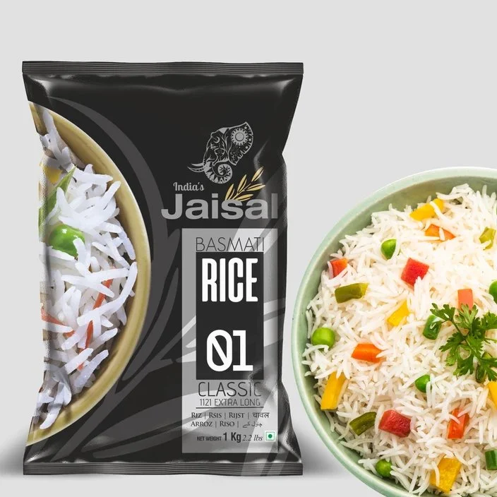Package of Jaisal Basmati Rice with bowl of cooked rice, mixed vegetables, and cilantro garnish – imported rice supplied by Jetha Australian food importers