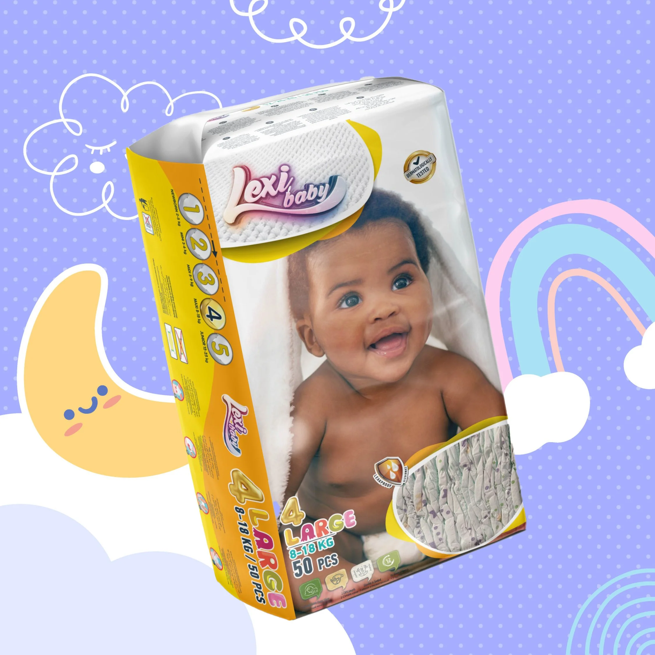 Package of Lexi baby diapers size 4 (8–18 kg, 50 pieces) with smiling baby image – imported personal care products supplied by Jetha Australian FMCG importers, popular in Samoa, Vanuatu, Kiribati, and PNG