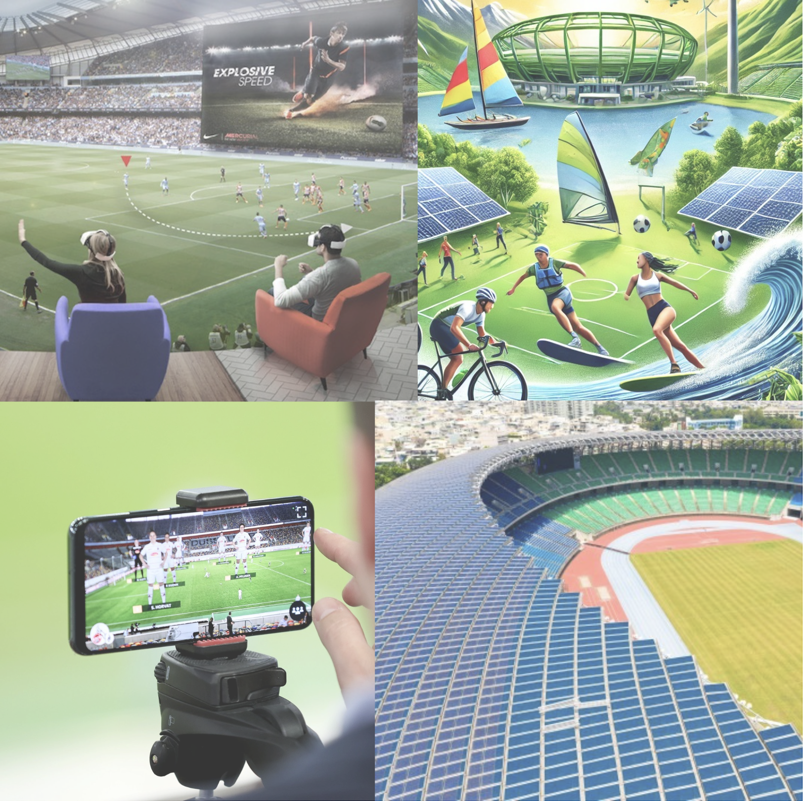 Collage showing technology and sustainability in sport, including immersive fan experiences in a football stadium, digital sports broadcasting, renewable energy–powered venues, and athletes using innovative environments.