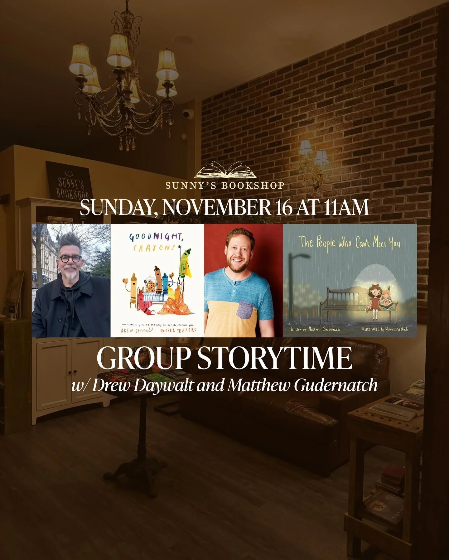 We are so excited to have our first group storytime with the amazing Drew Daywalt @drewdaywalt and Matthew Gudernatch @guderbooks ! Please join us on Sunday, November 16th at 11am for a special morning.

RSVP and learn more at the link in our bio 🤍
