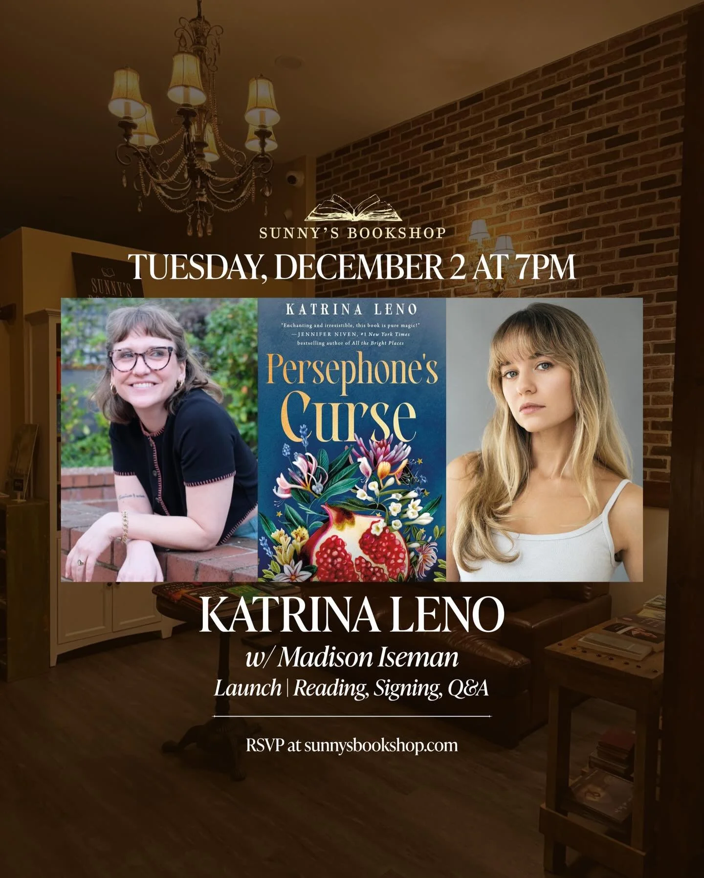 Our last event of the year!  We&rsquo;re so excited to celebrate the Launch of Katrina Leno&rsquo;s @katrinalenobooks new novel PERSEPHONE&rsquo;S CURSE on December 2nd at 7pm with actress Madison Iseman @madisoniseman !

RSVP for a free ticket at th