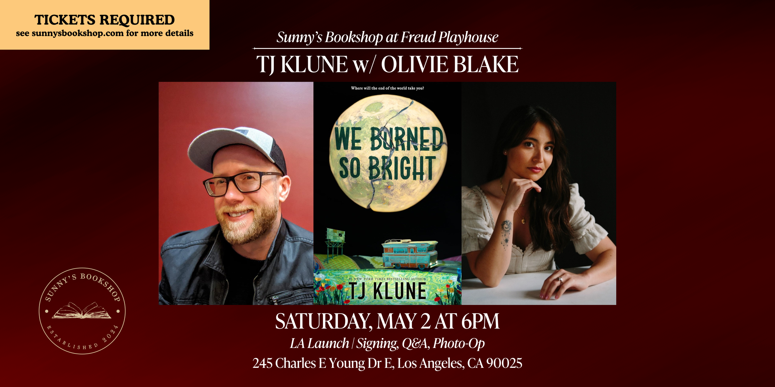 TJ Klune presents WE BURNED SO BRIGHT with Olivie Blake | Sunny's Bookshop at Freud Playhouse