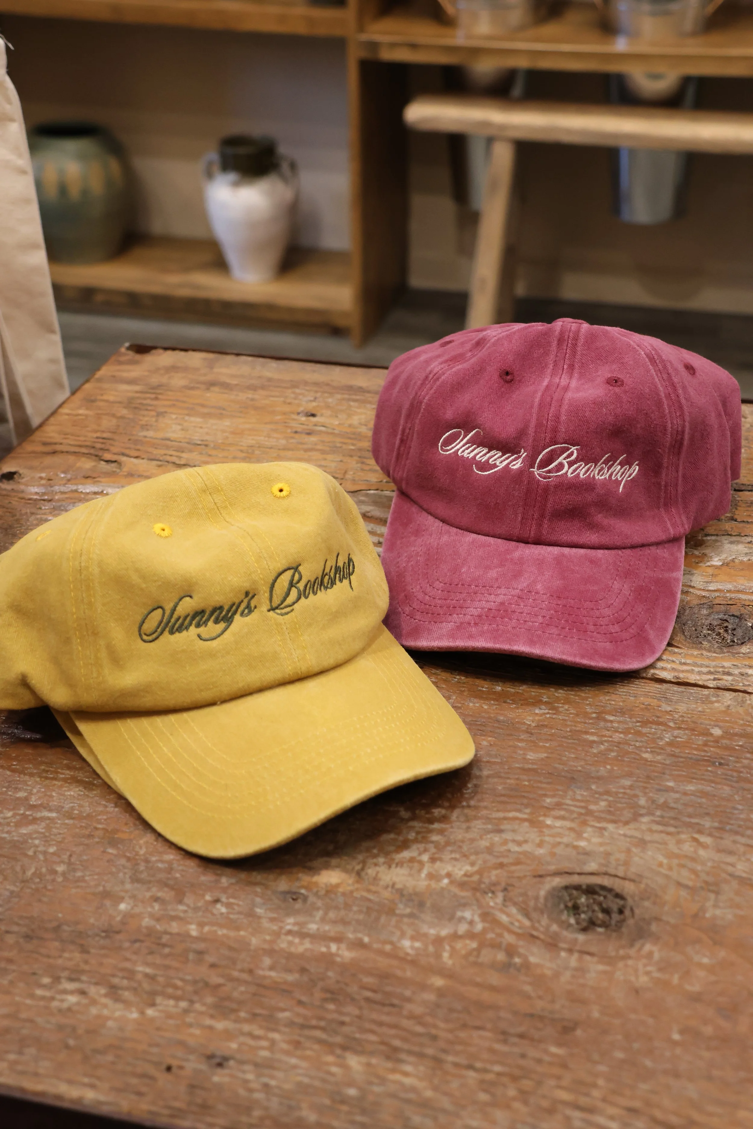 Sunny's Bookshop Script Cap | mustard and burgundy
