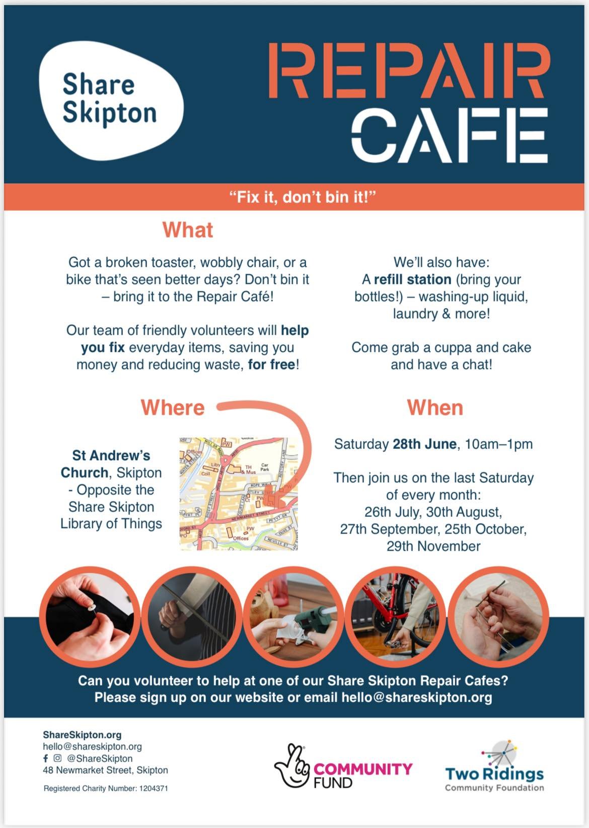 Share Skipton are very excited that Skipton&rsquo;s first Repair Caf&eacute; is next Saturday!

🌟Saturday 28th June, 10am - 1pm (last Saturday of every month ongoing)

📍St. Andrew&rsquo;s Church, Skipton (Opposite the Share Skipton Library of Thing